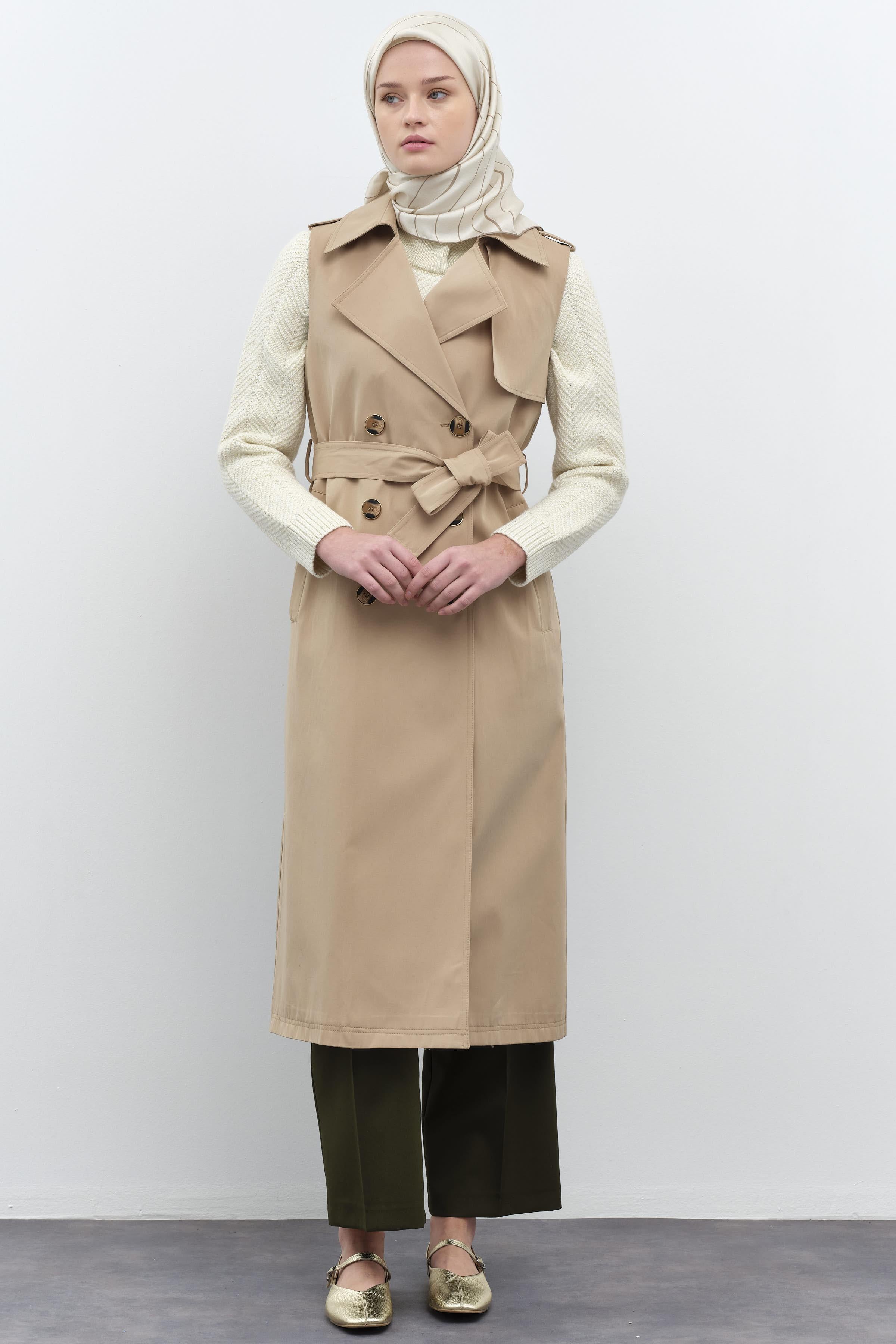 Kruvaze Düğmeli Uzun Yelek - Bej TUGBA