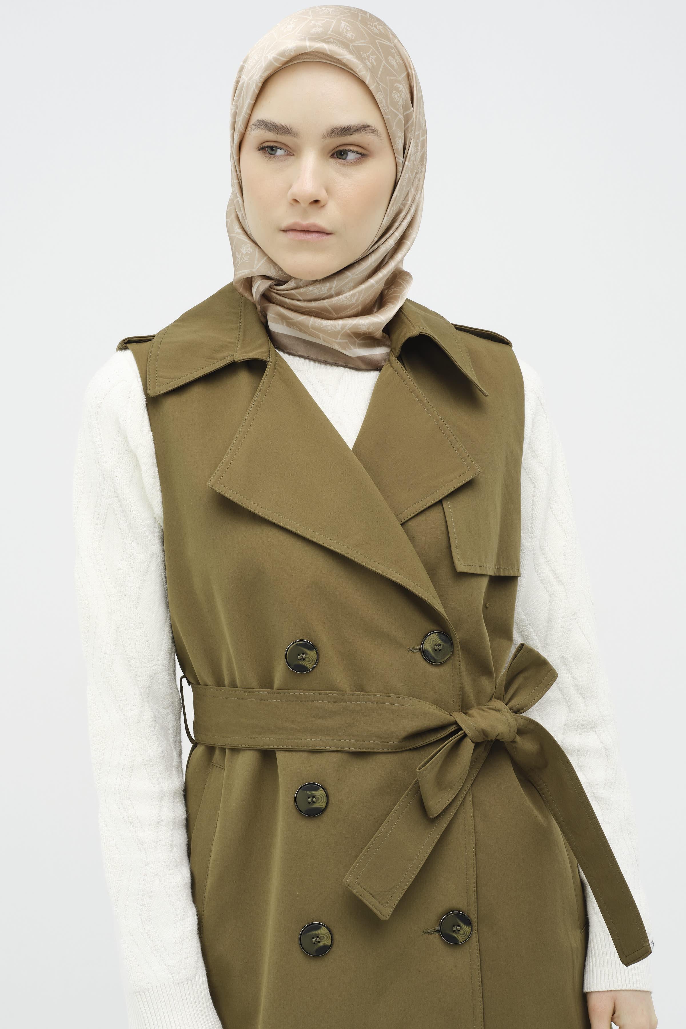 Kruvaze Düğmeli Uzun Yelek - Haki TUGBA