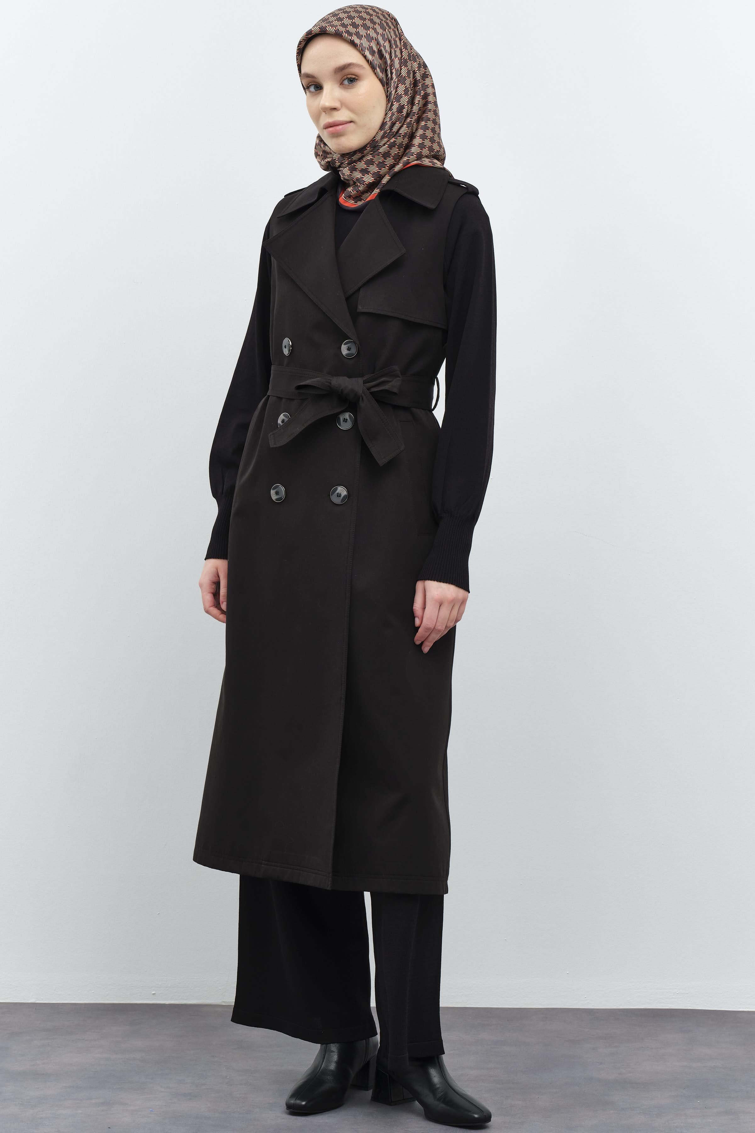 Kruvaze Düğmeli Uzun Yelek - Siyah TUGBA