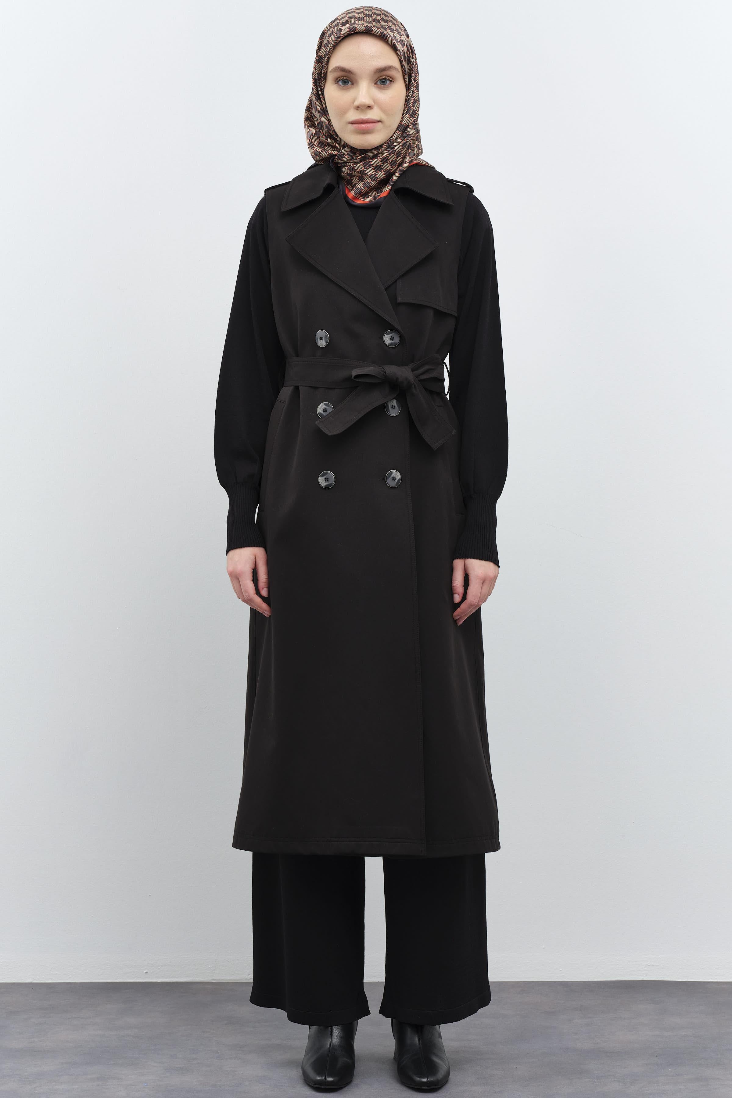 Kruvaze Düğmeli Uzun Yelek - Siyah TUGBA