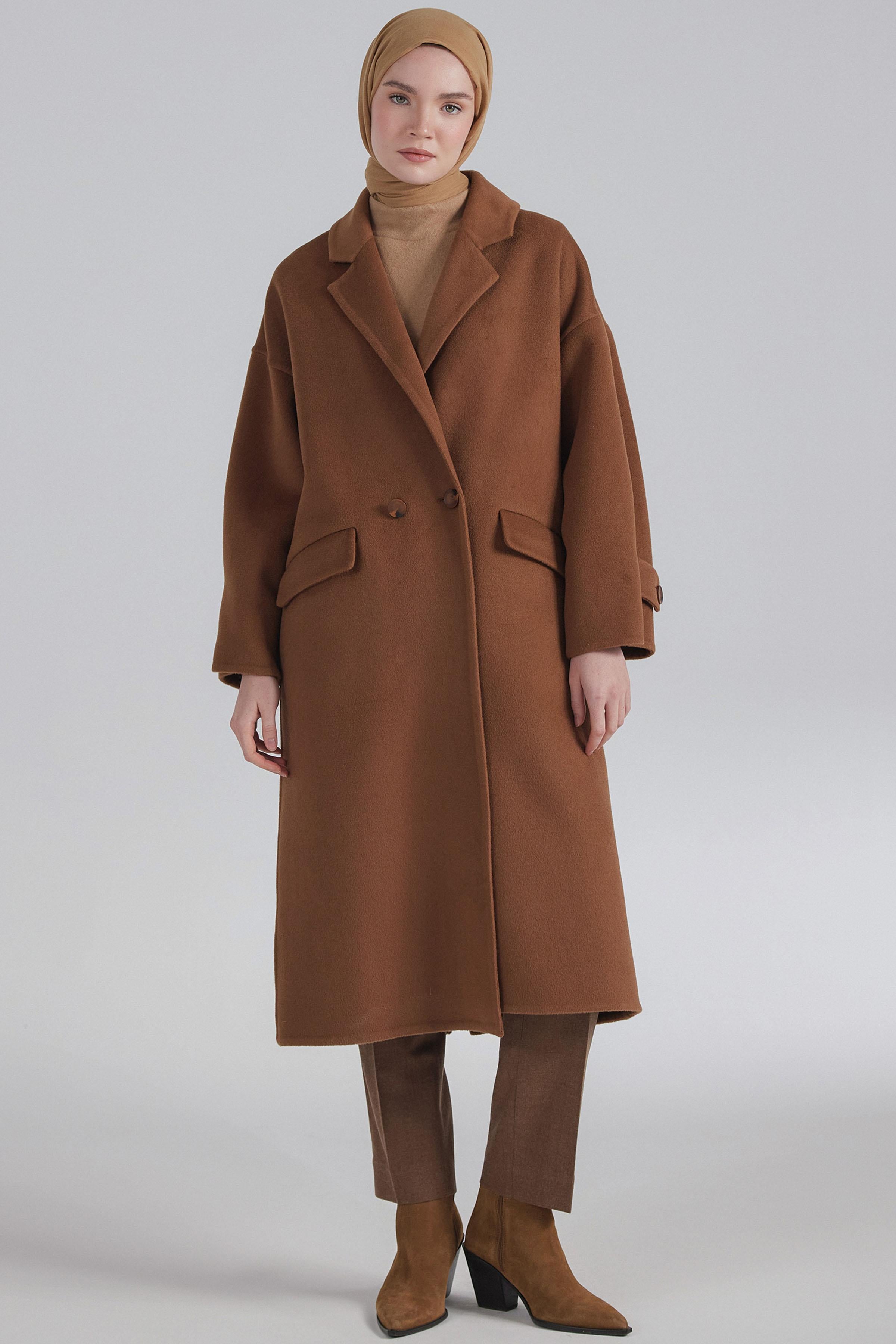 Kruvaze Düğmeli Yün Kaban - Kahve TUĞBA