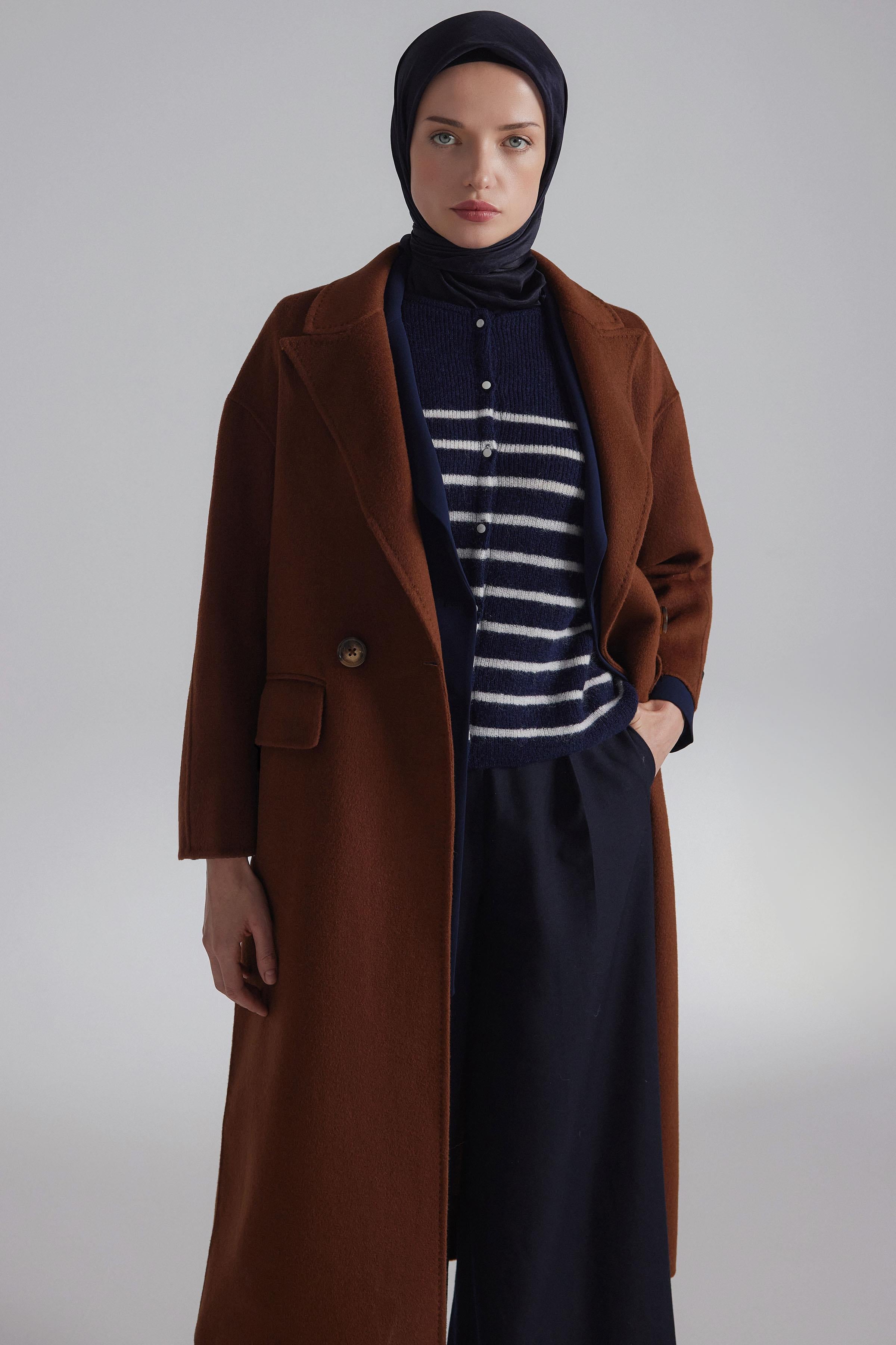 Double Yün Kruvaze Düşük Kol Kaban - Tarçın TUGBA