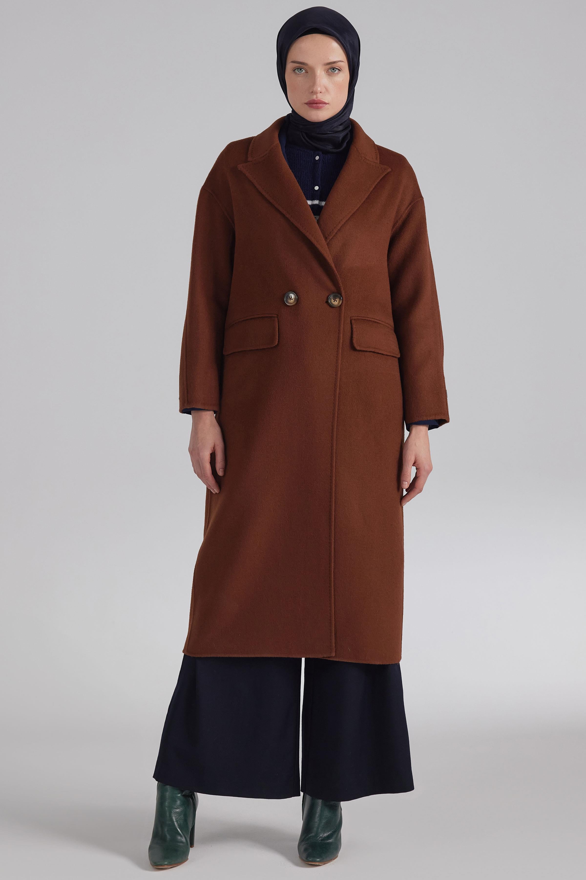 Double Yün Kruvaze Düşük Kol Kaban - Tarçın TUGBA