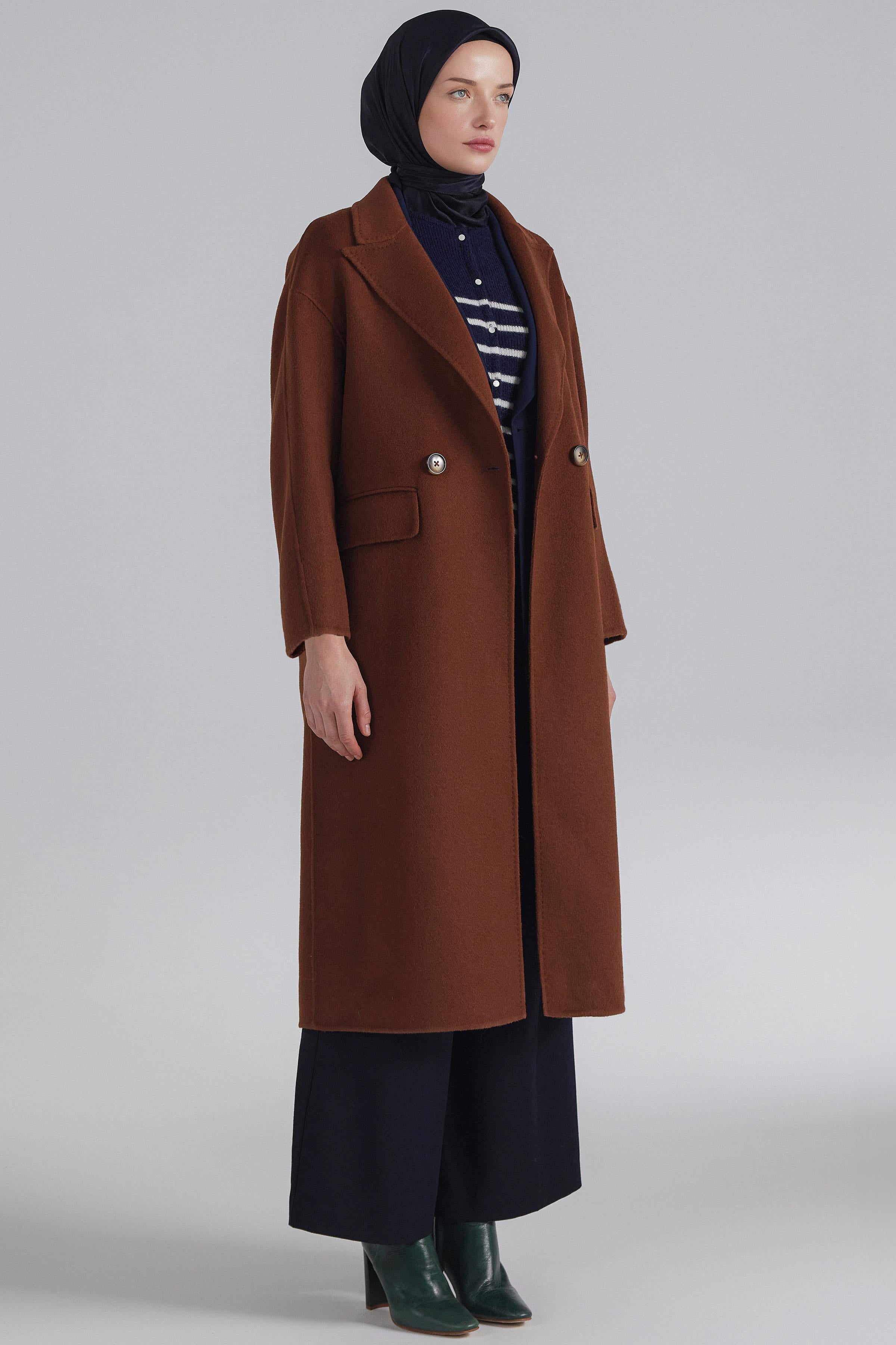 Double Yün Kruvaze Düşük Kol Kaban - Tarçın TUGBA