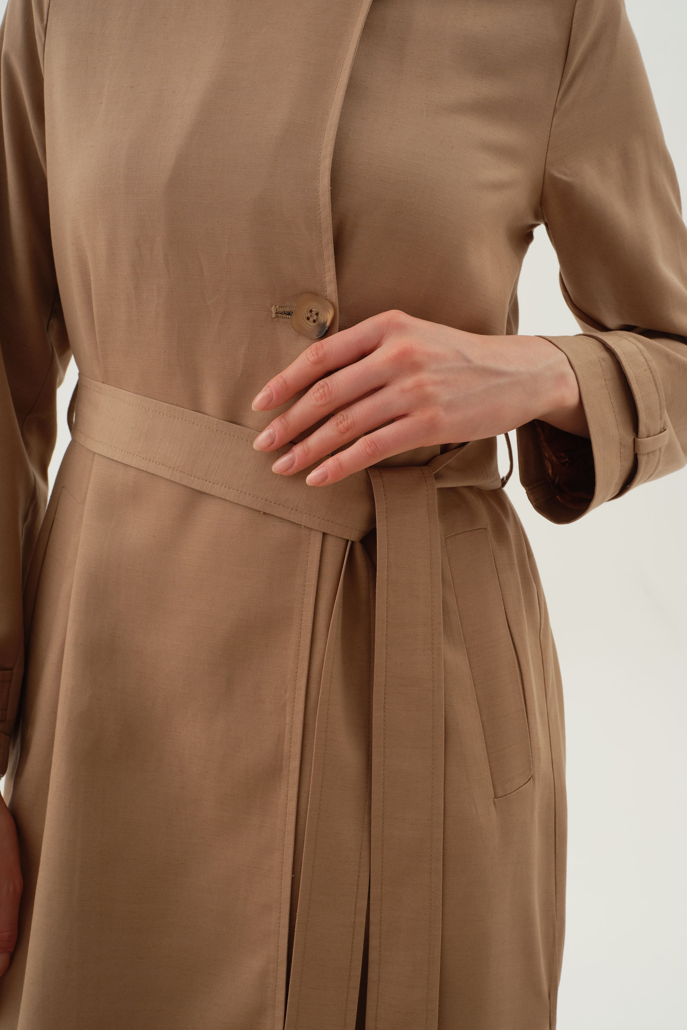 Kruvaze Polo Yakalı Trençkot - Bej TUGBA