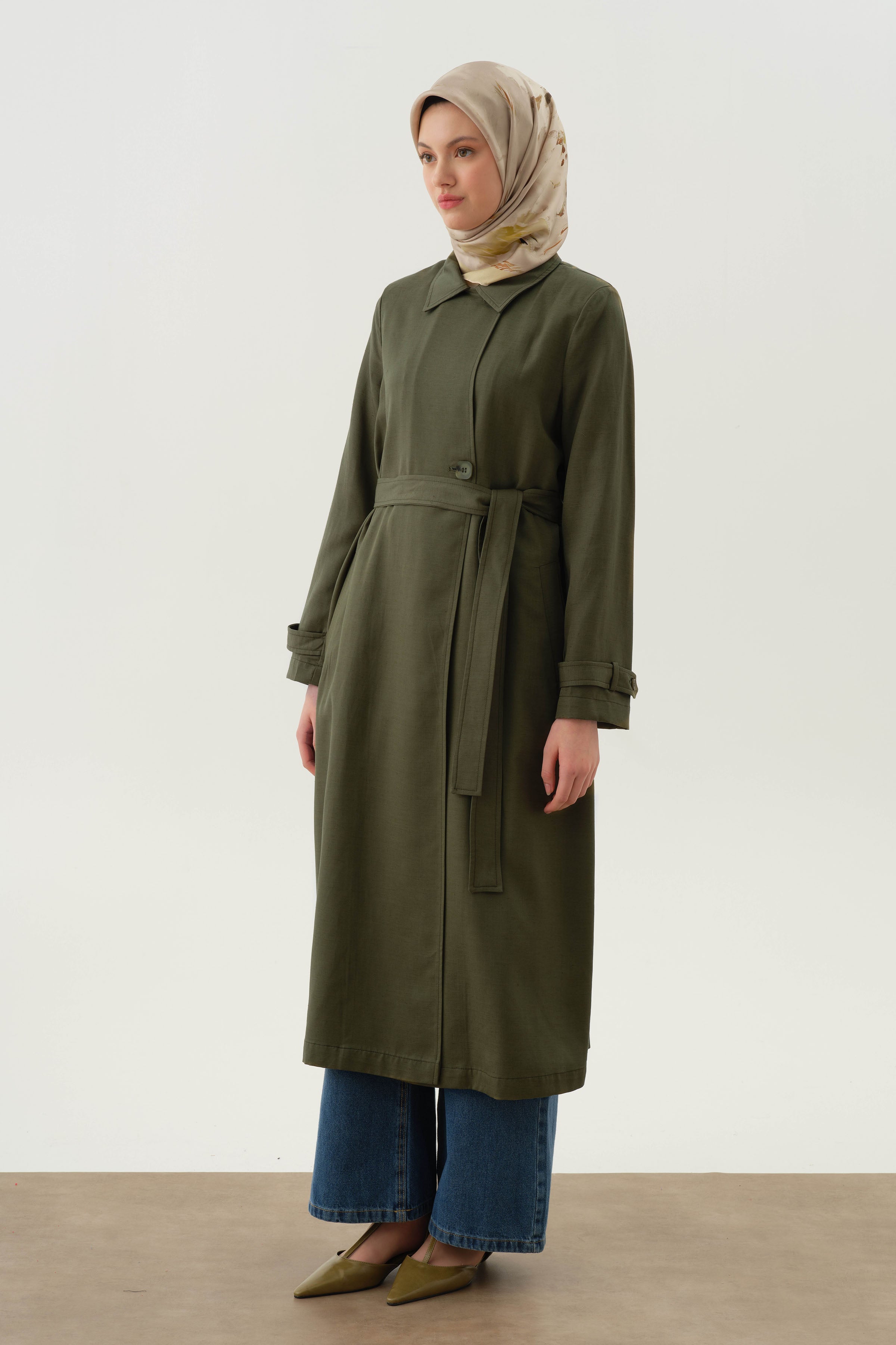 Kruvaze Polo Yakalı Trençkot - Haki TUGBA
