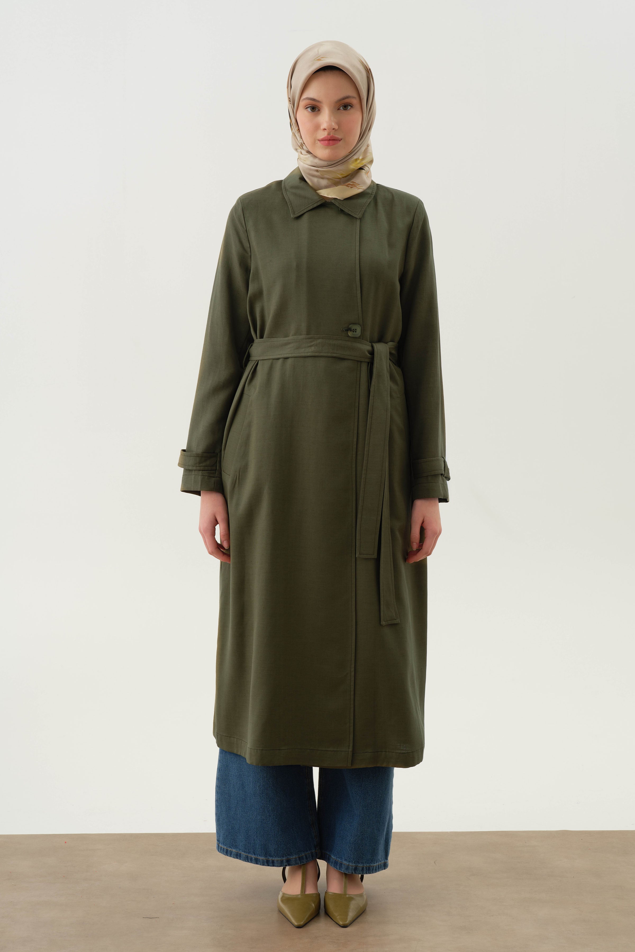 Kruvaze Polo Yakalı Trençkot - Haki TUGBA