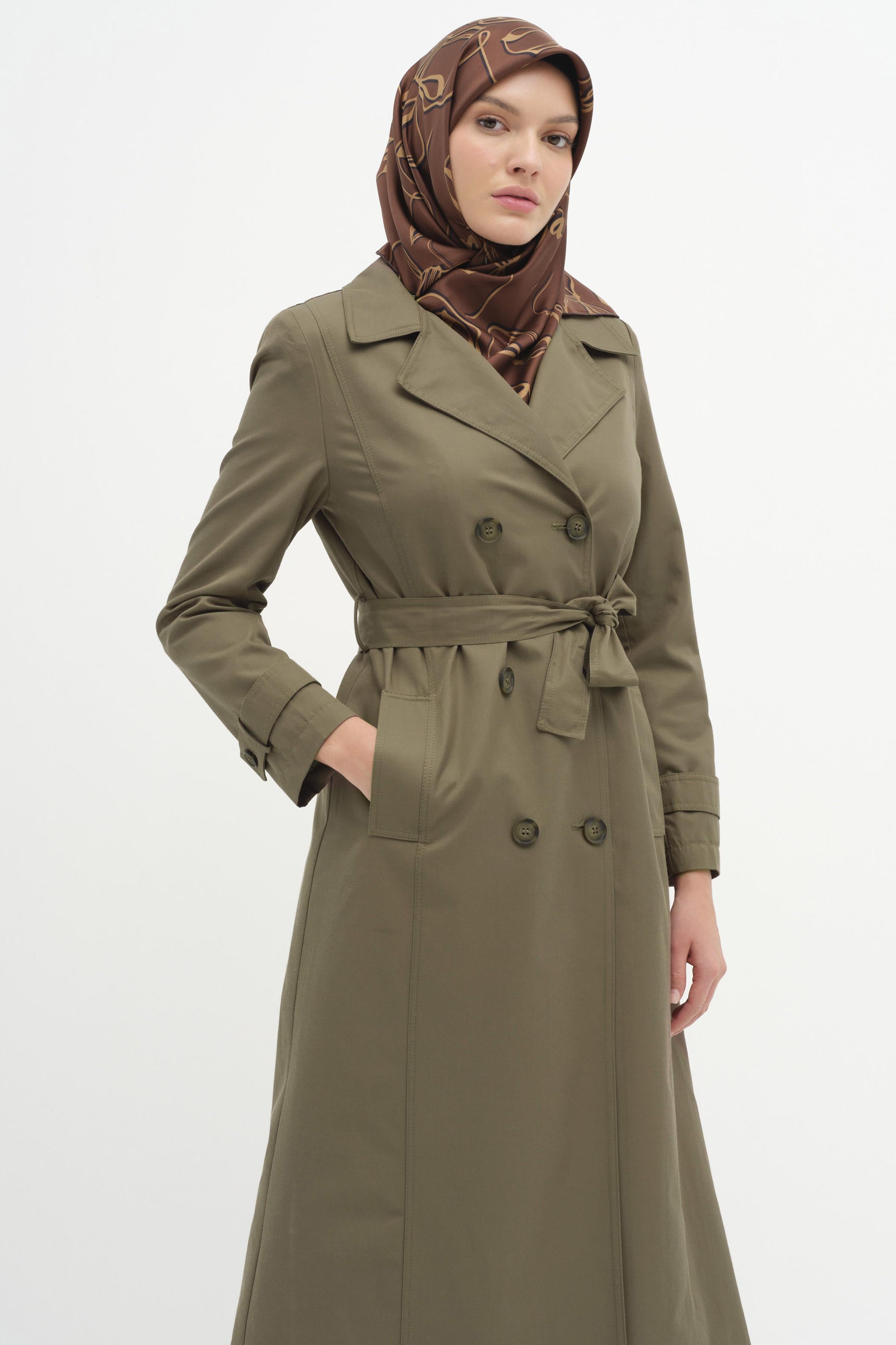 Kruvaze Yaka Düğme Detaylı Trenç - Haki TUGBA