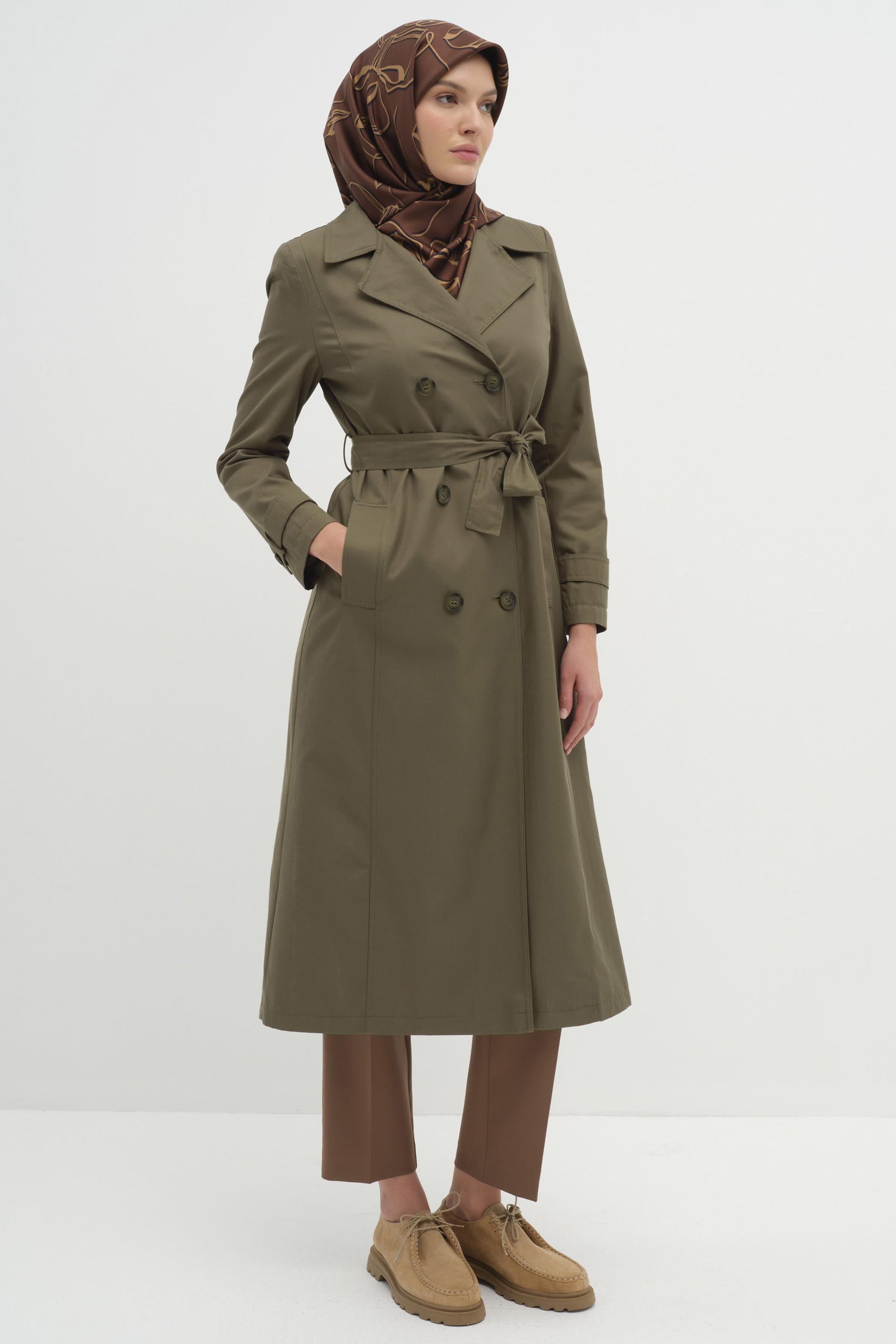 Kruvaze Yaka Düğme Detaylı Trenç - Haki TUGBA