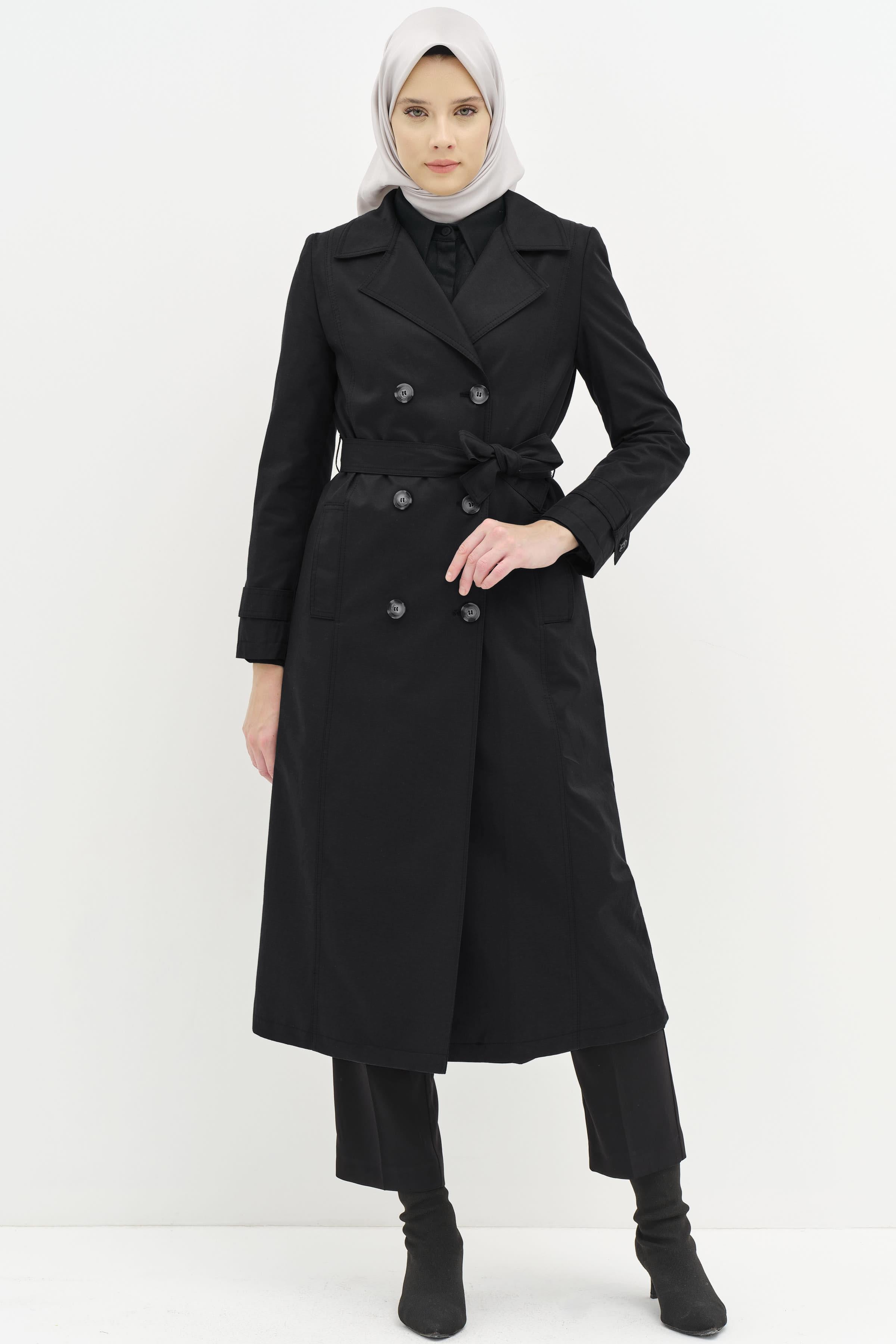 Kruvaze Yaka Düğme Detaylı Trenç - Siyah TUGBA