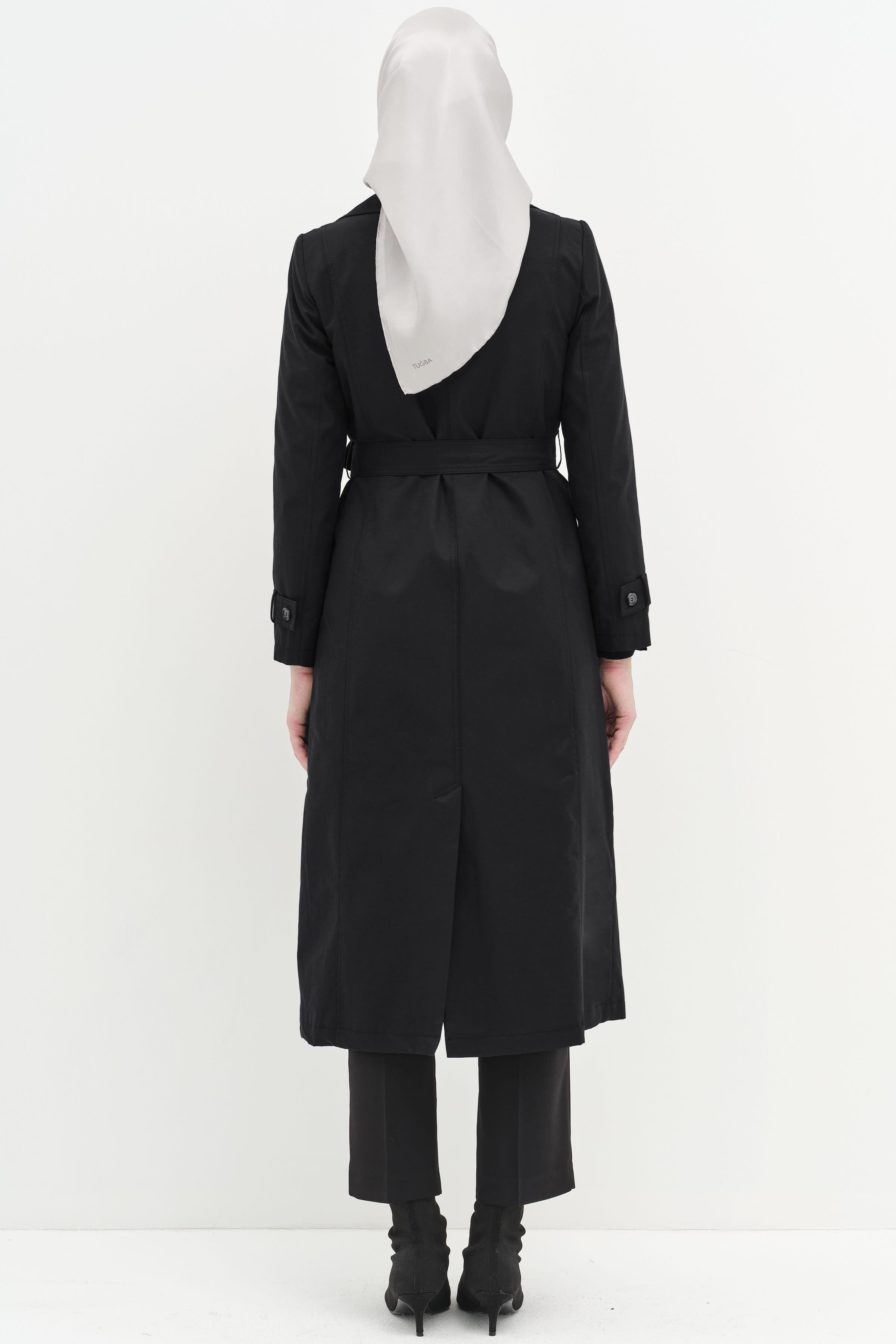 Kruvaze Yaka Düğme Detaylı Trenç - Siyah TUGBA