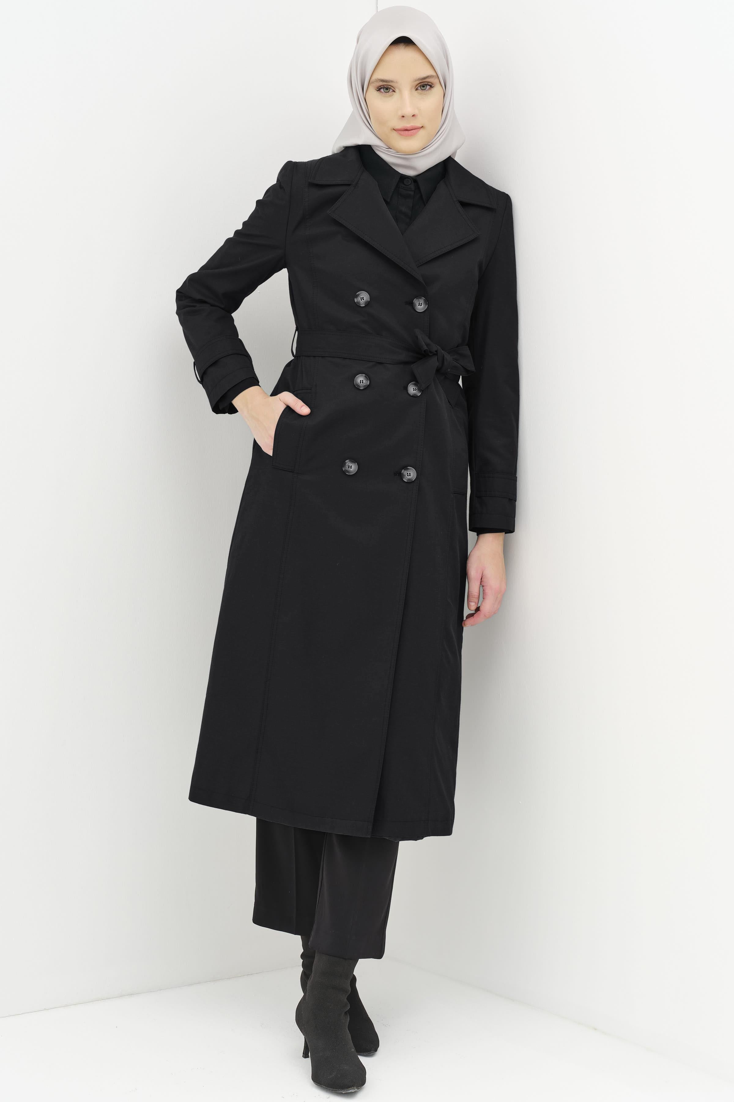 Kruvaze Yaka Düğme Detaylı Trenç - Siyah TUGBA