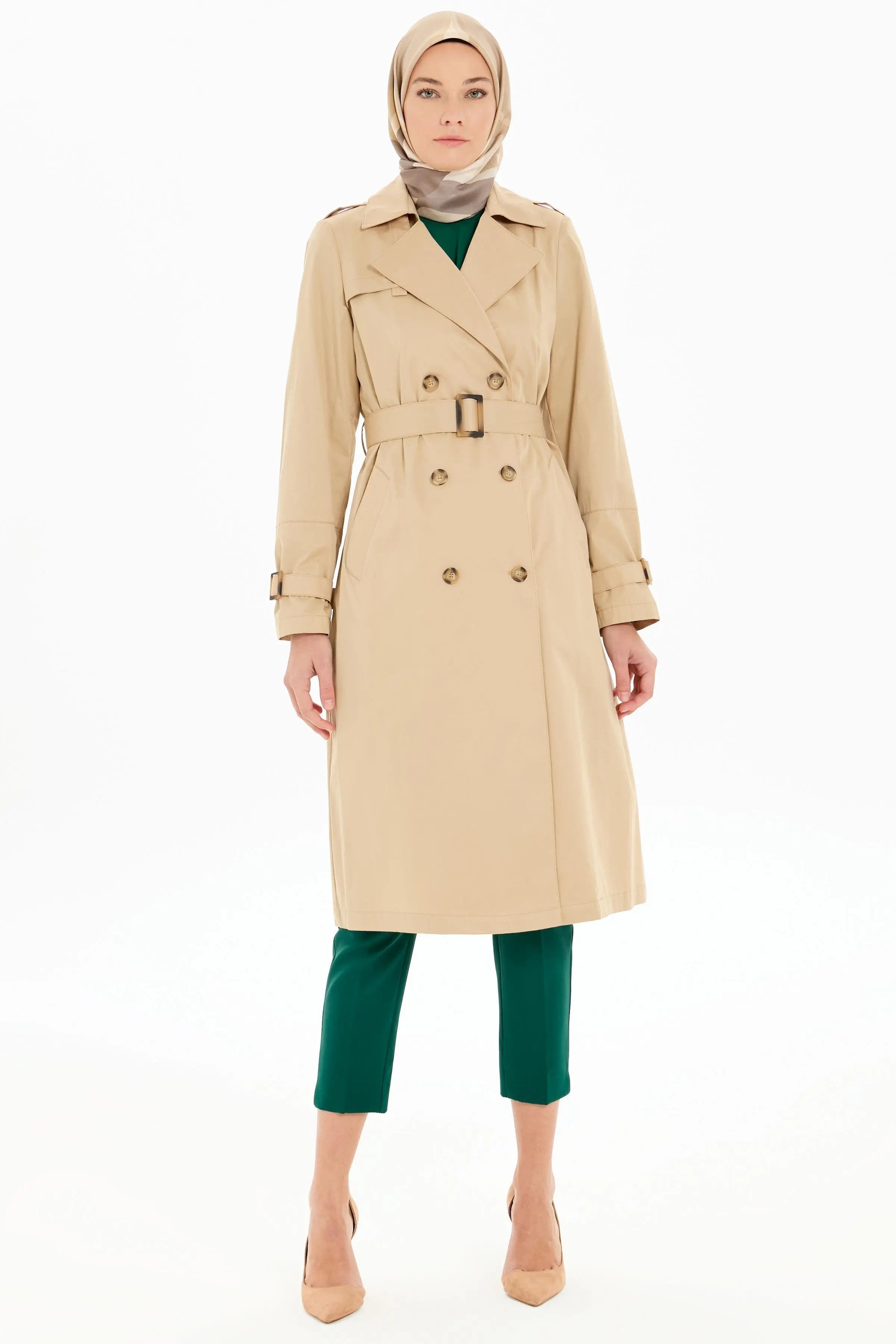 Kruvaze Yaka Kemerli Klasik Trençkot - Bej TUGBA
