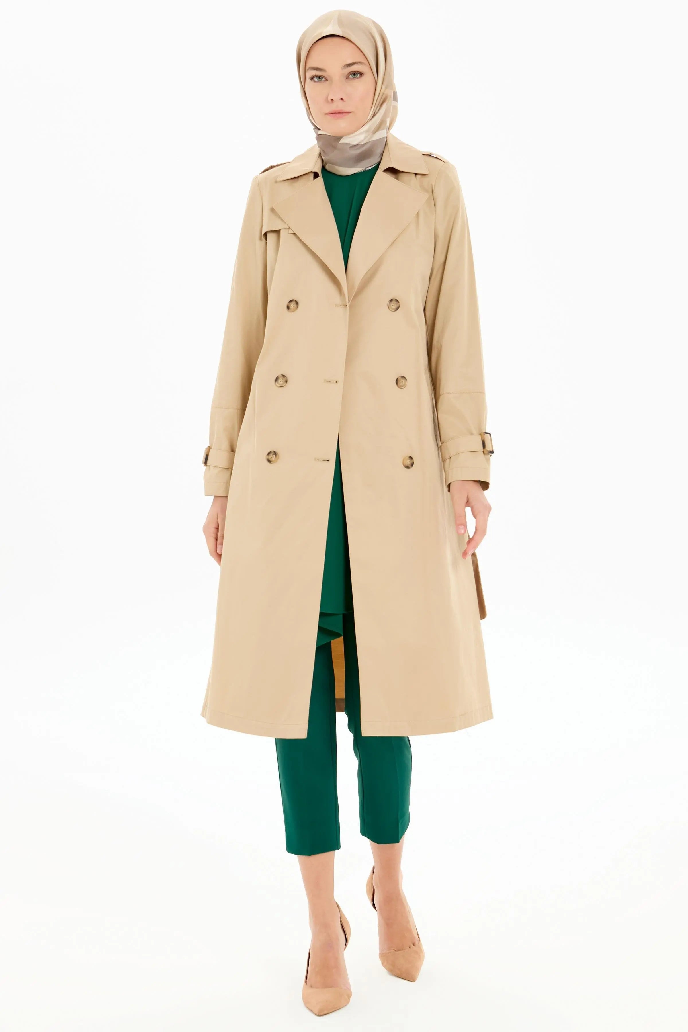 Kruvaze Yaka Kemerli Klasik Trençkot - Bej TUGBA
