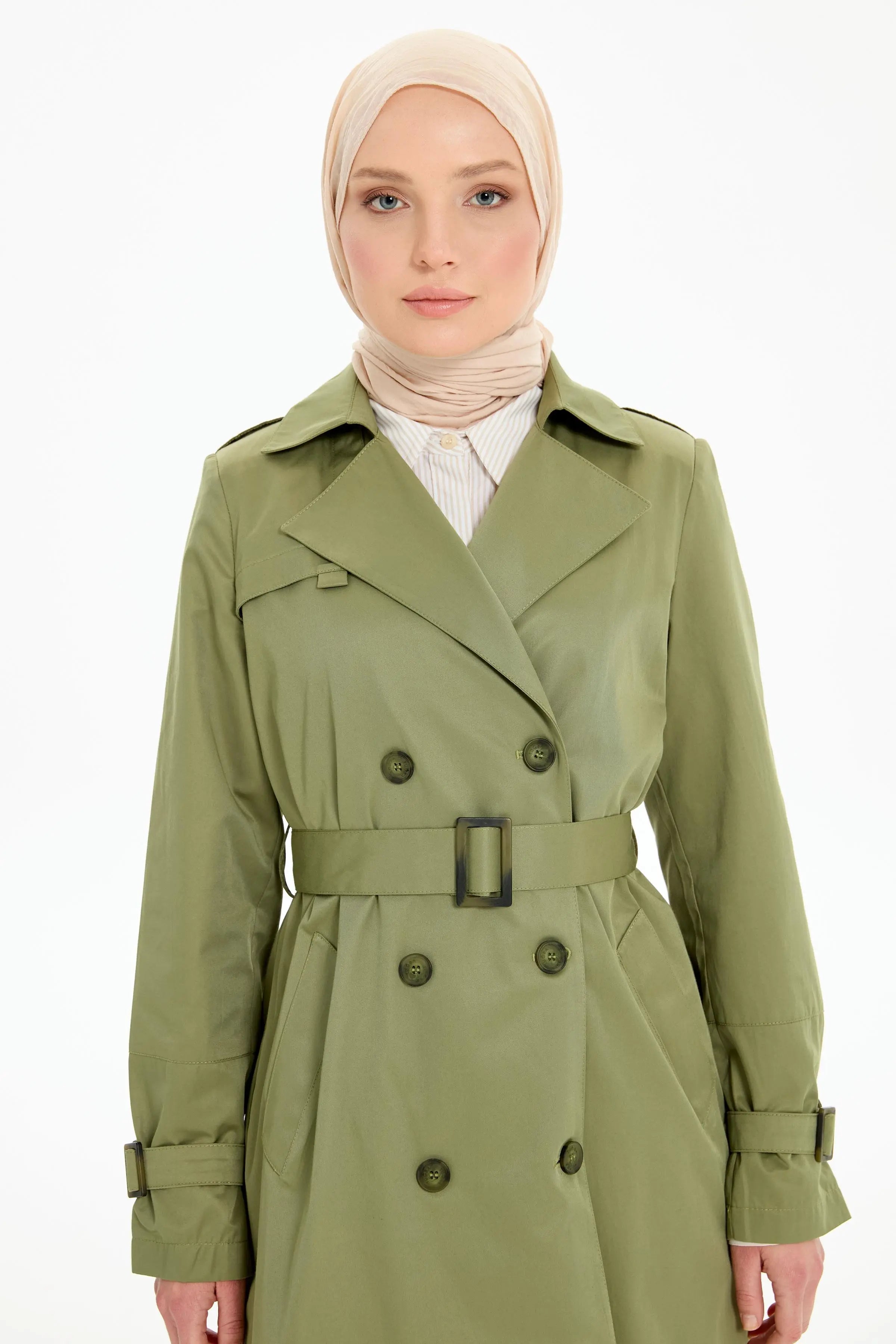 Kruvaze Yaka Kemerli Klasik Trençkot - Haki TUGBA