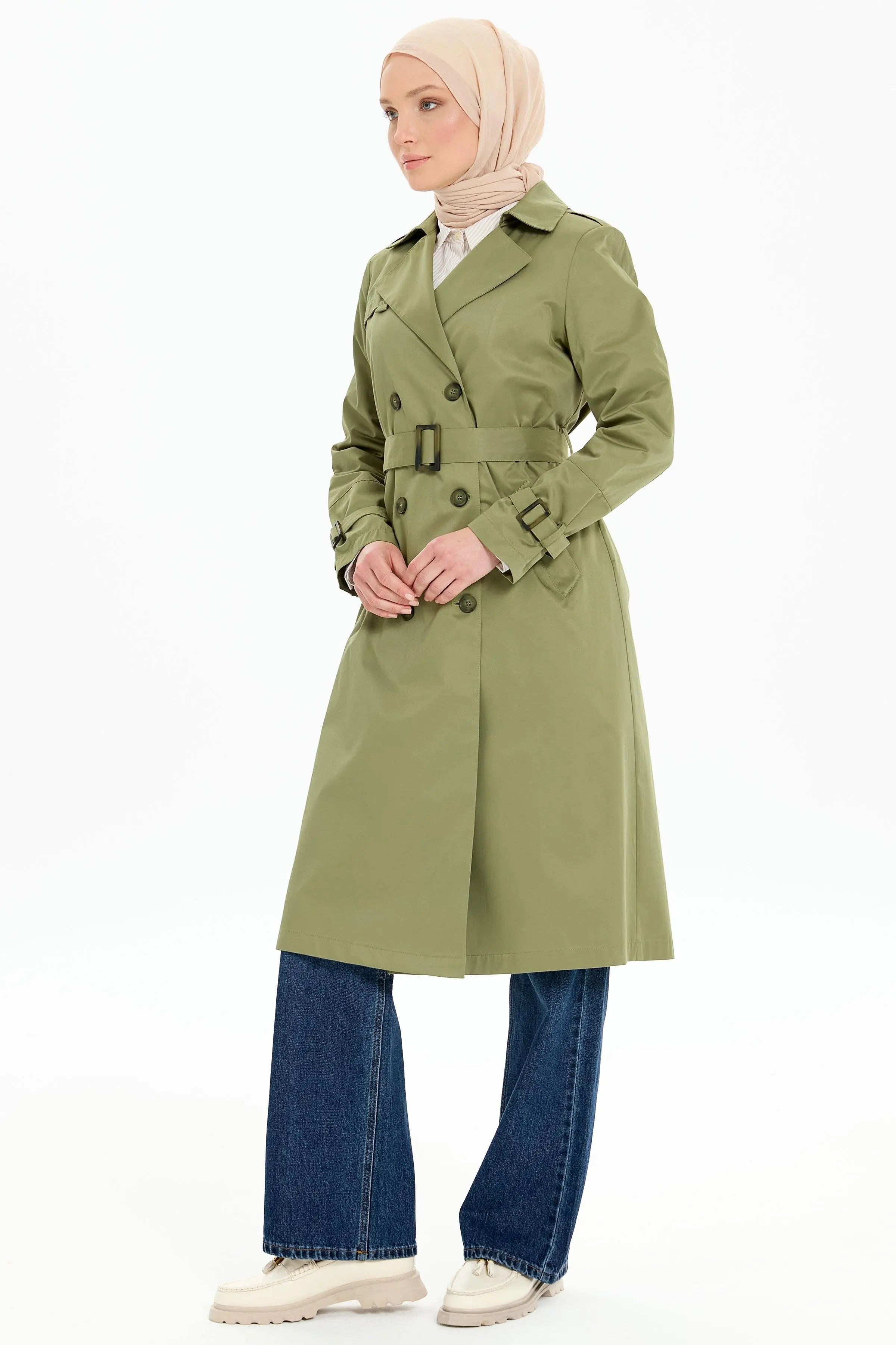 Kruvaze Yaka Kemerli Klasik Trençkot - Haki TUGBA