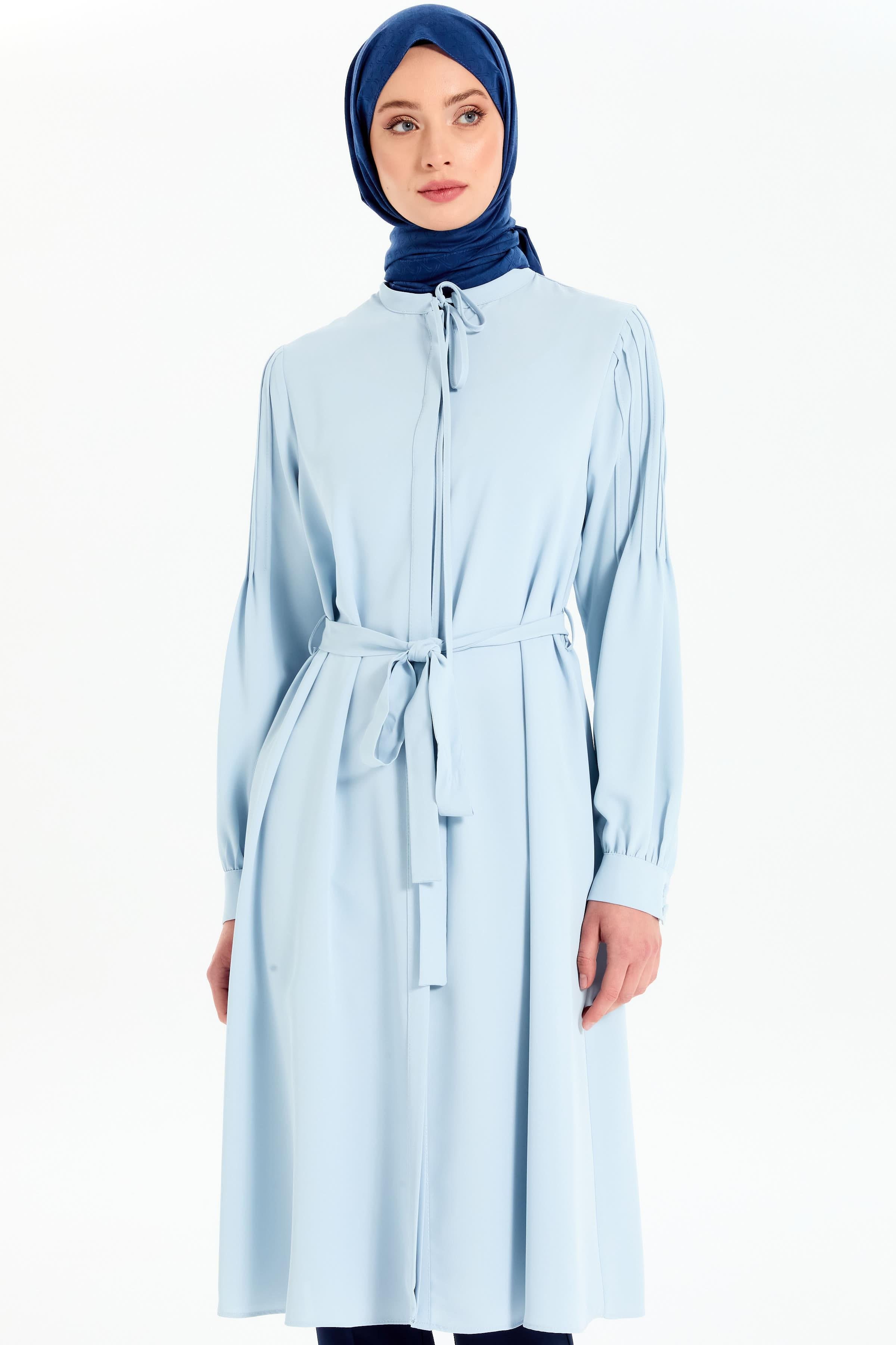 Kumaş Kemerli Kolları Nervürlü Tunik - Açık Mavi TUGBA