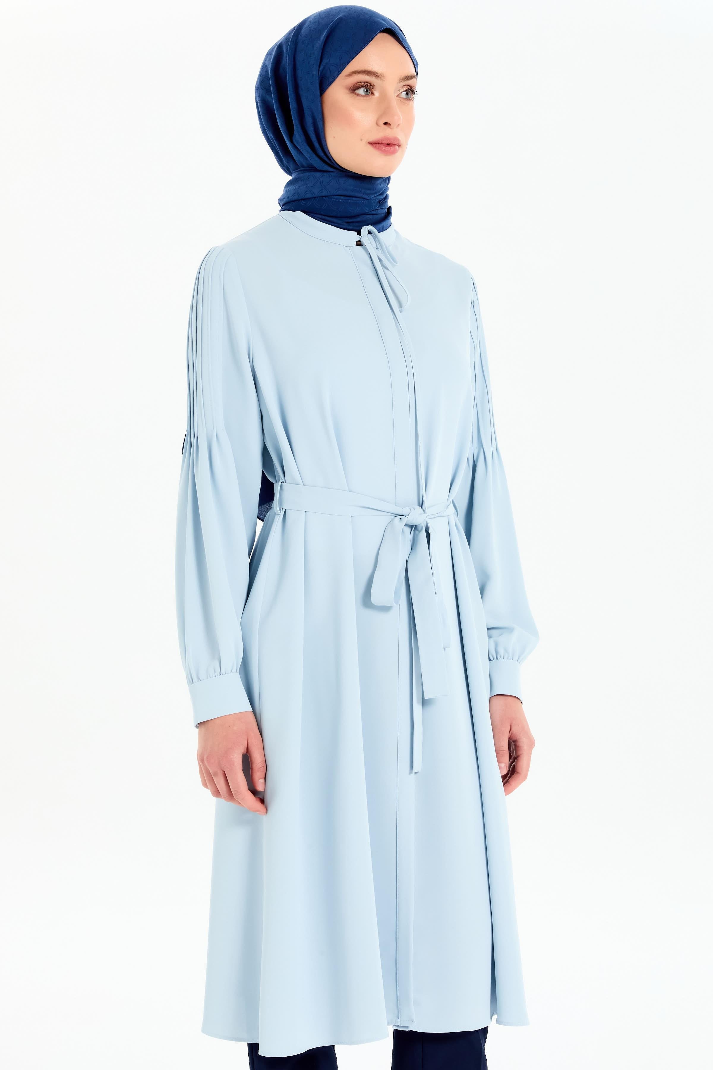 Kumaş Kemerli Kolları Nervürlü Tunik - Açık Mavi TUGBA