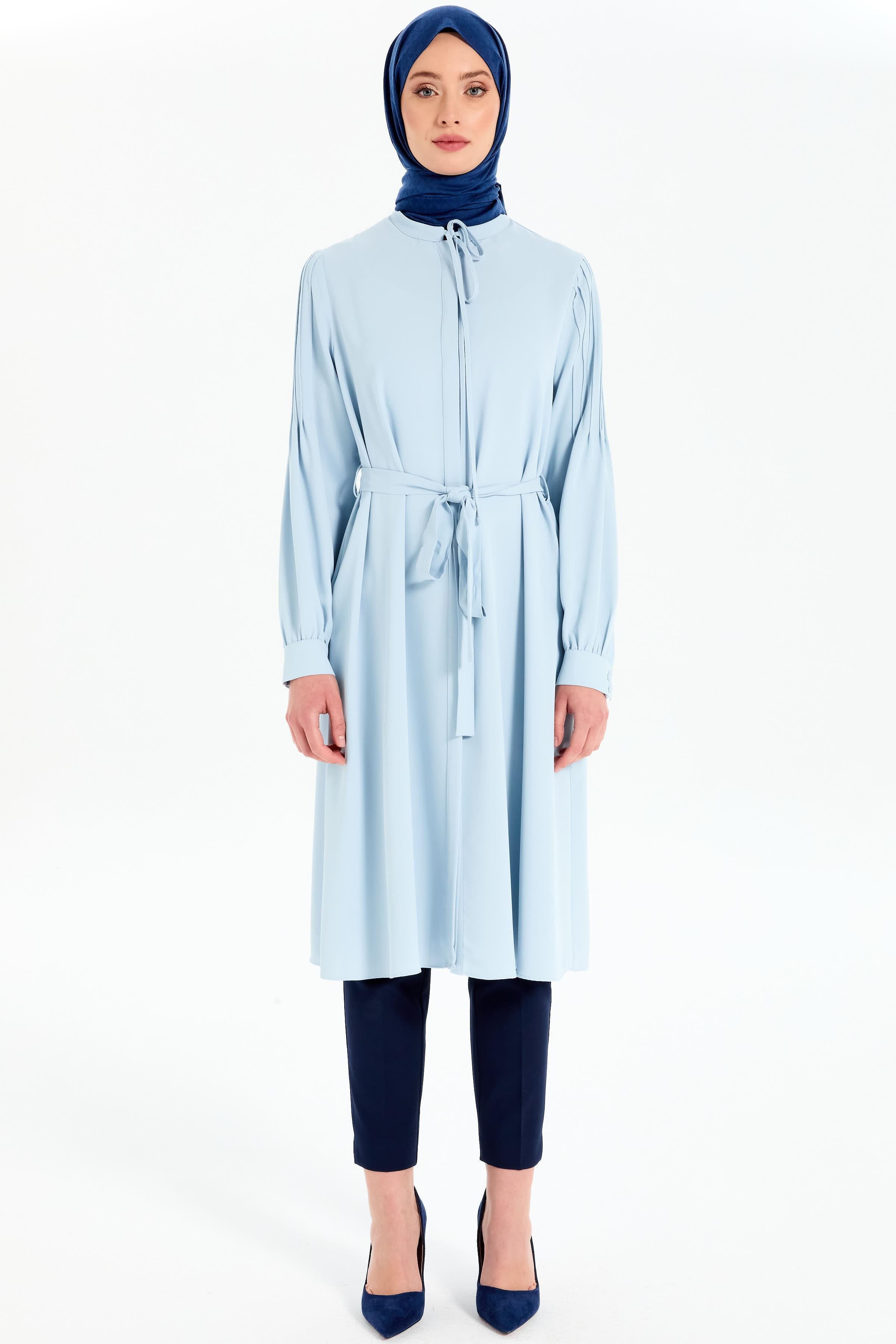 Kumaş Kemerli Kolları Nervürlü Tunik - Açık Mavi TUGBA