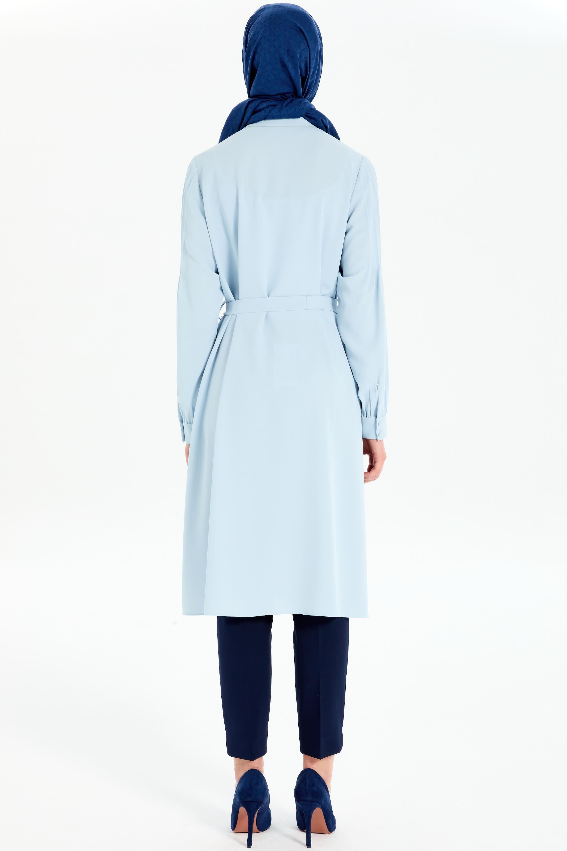 Kumaş Kemerli Kolları Nervürlü Tunik - Açık Mavi TUGBA