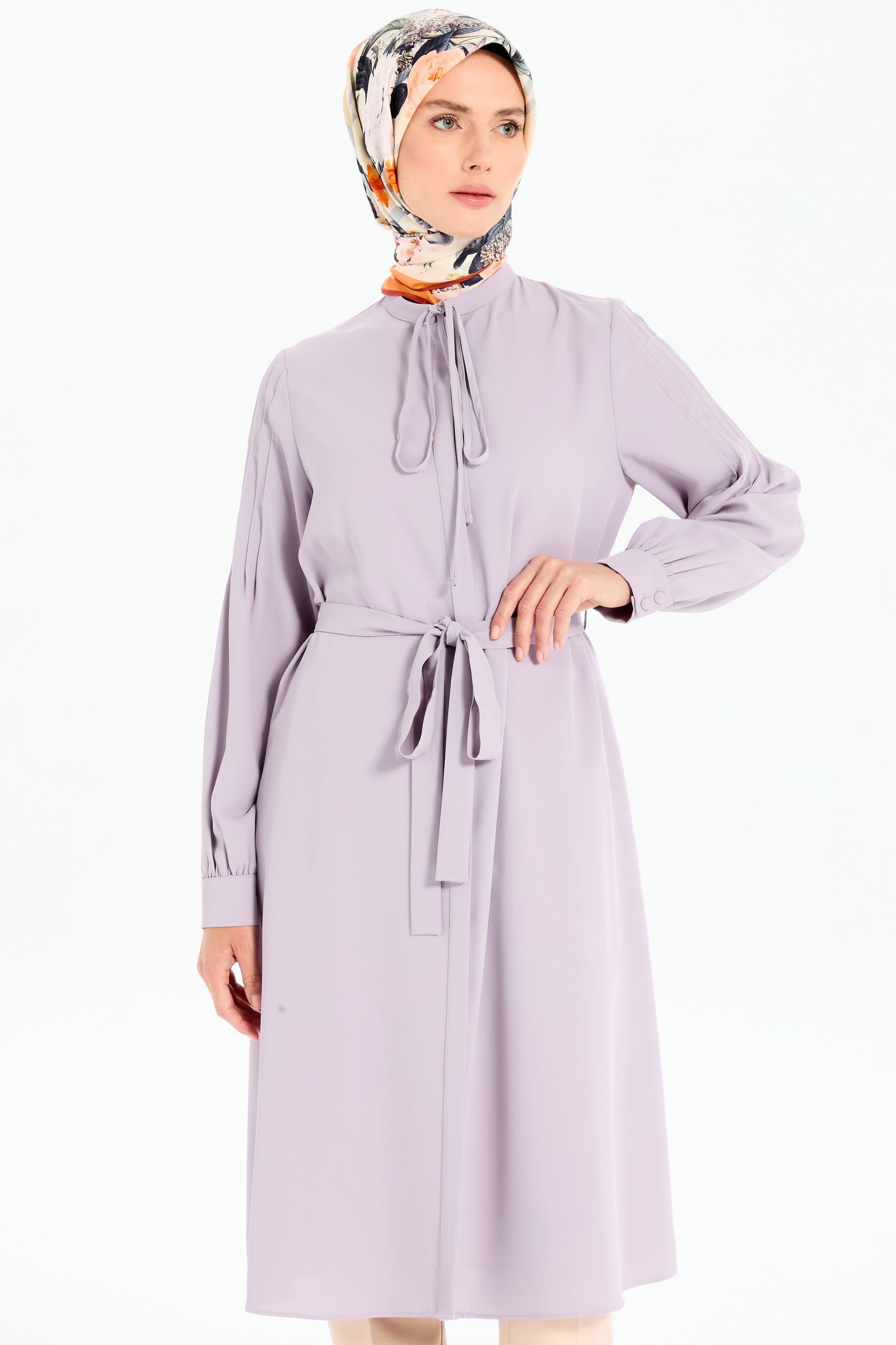Kumaş Kemerli Kolları Nervürlü Tunik - Lila TUGBA