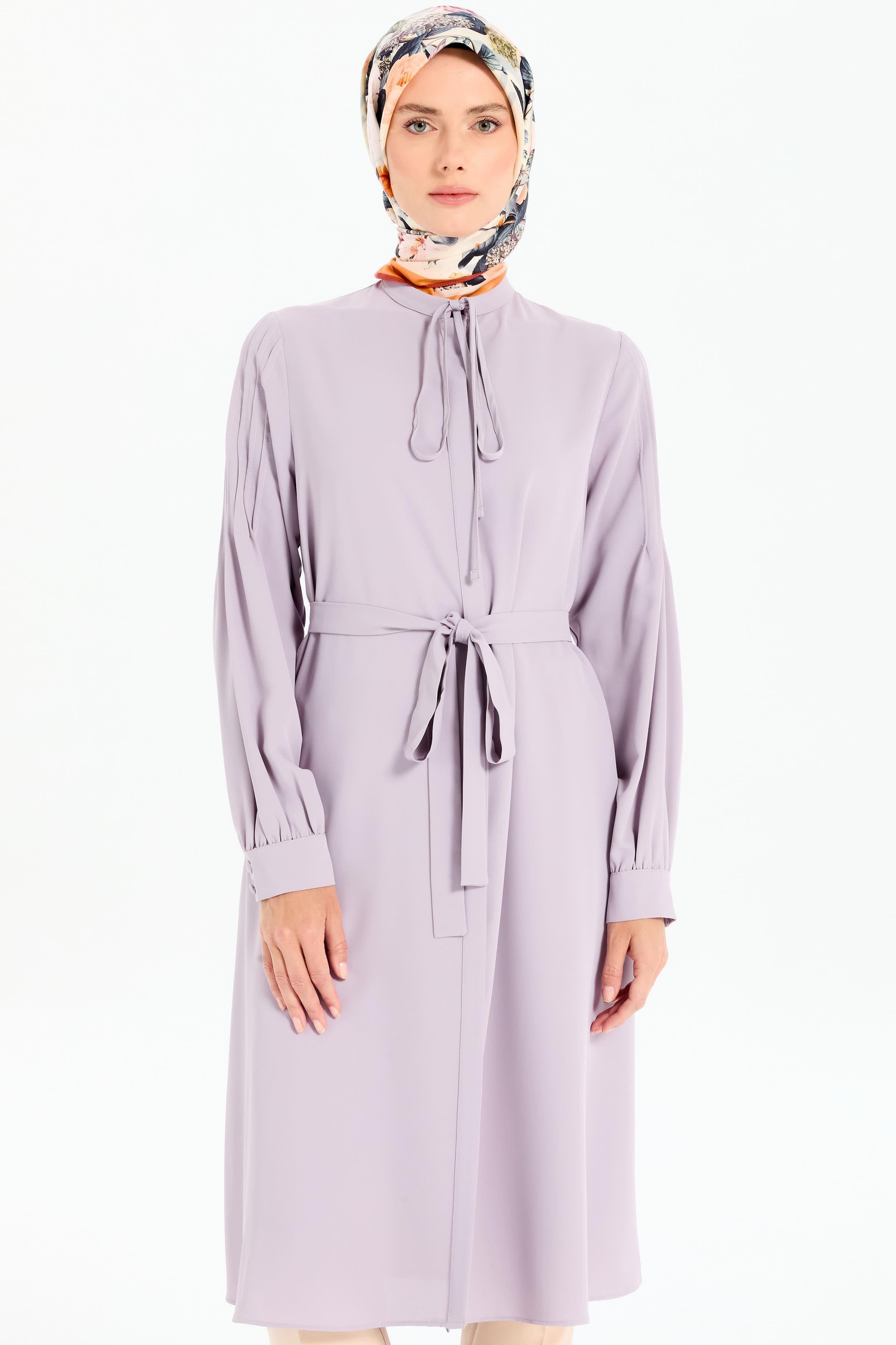 Kumaş Kemerli Kolları Nervürlü Tunik - Lila TUGBA