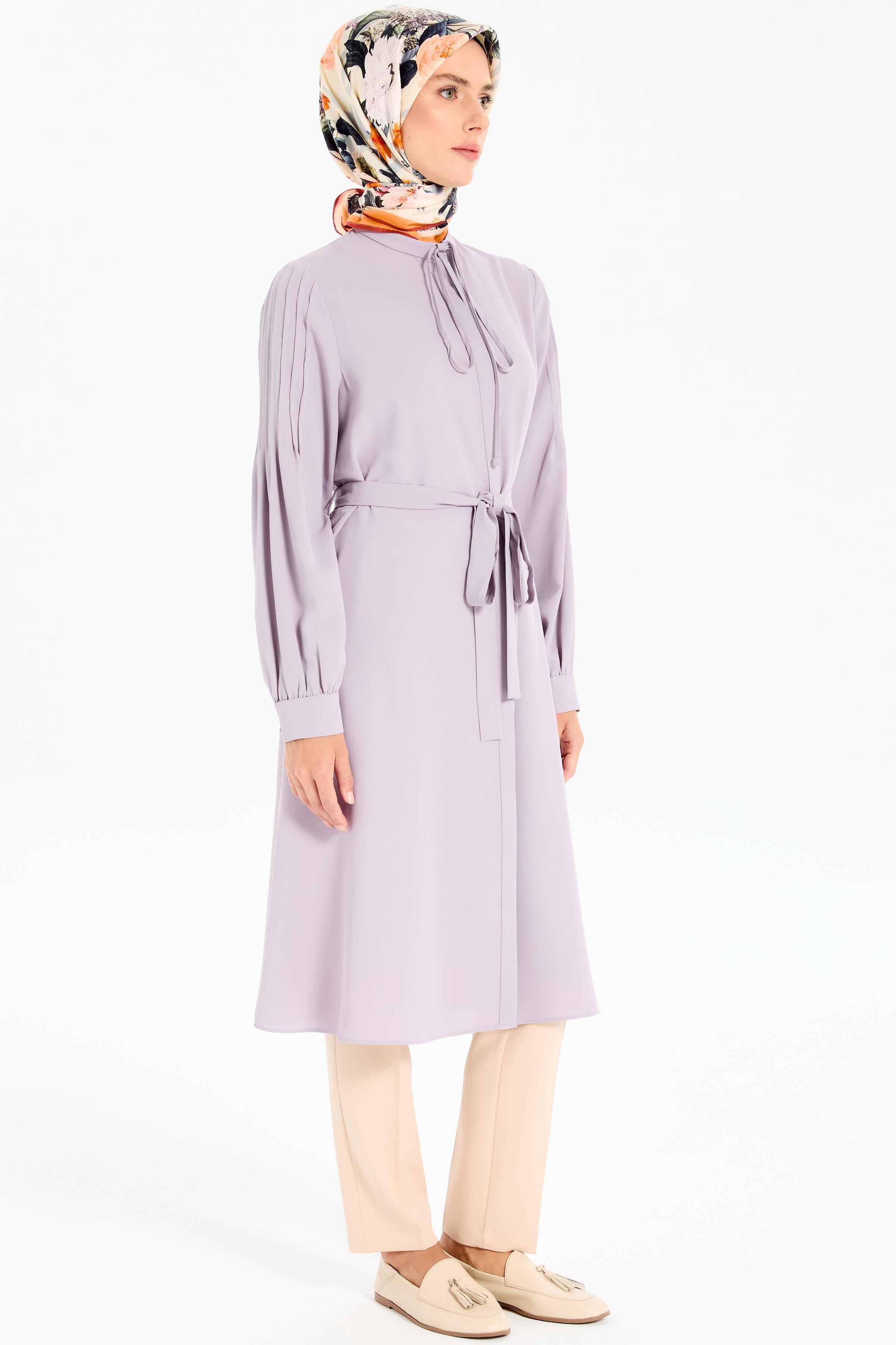 Kumaş Kemerli Kolları Nervürlü Tunik - Lila TUGBA