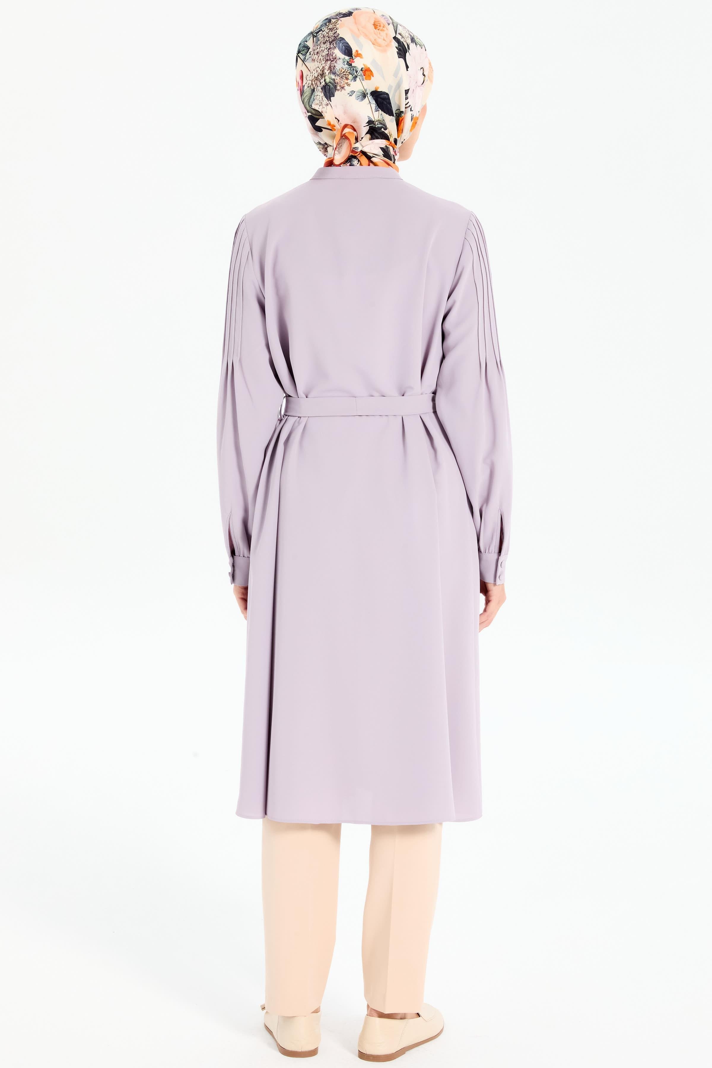 Kumaş Kemerli Kolları Nervürlü Tunik - Lila TUGBA