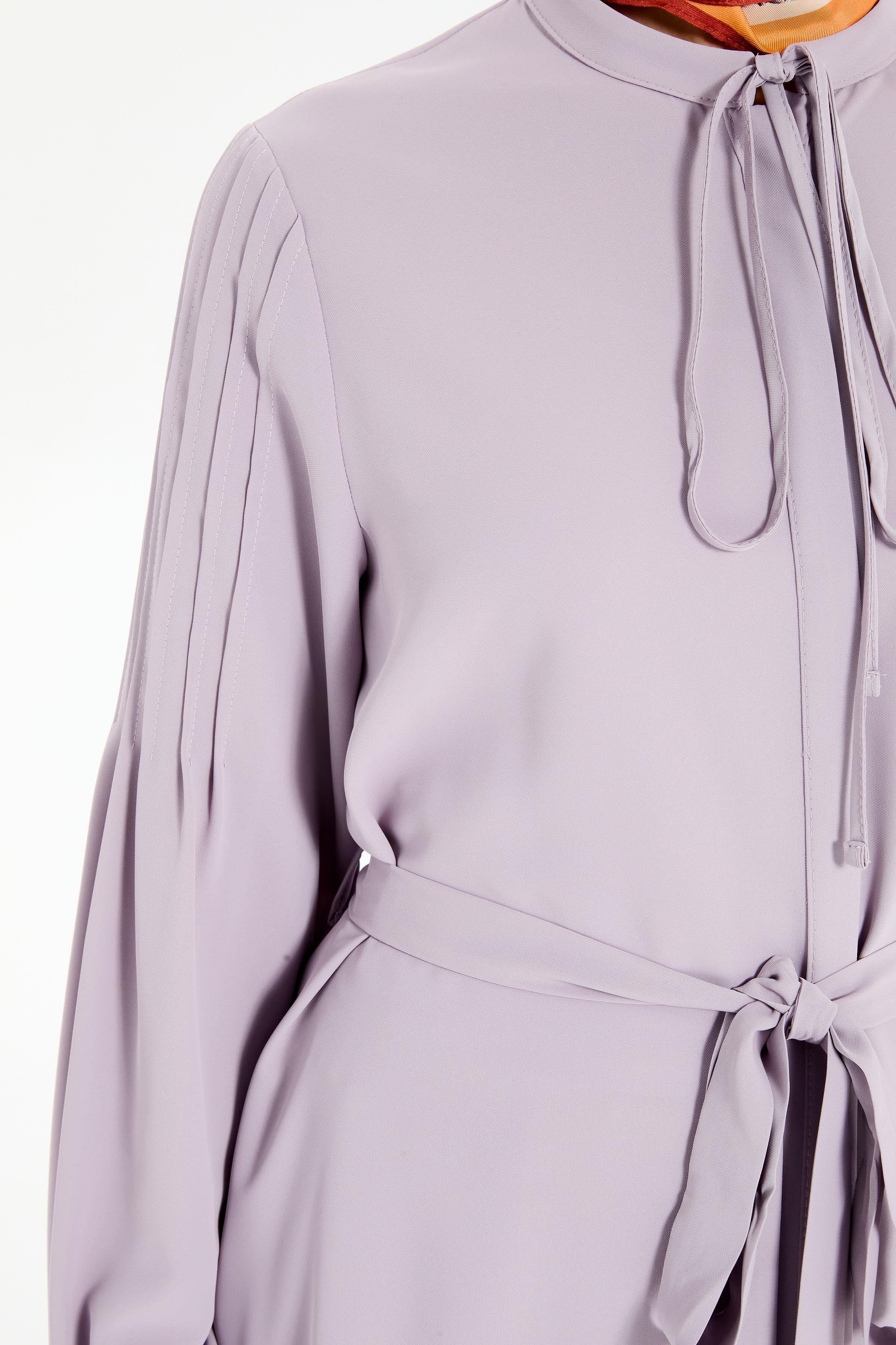 Kumaş Kemerli Kolları Nervürlü Tunik - Lila TUGBA