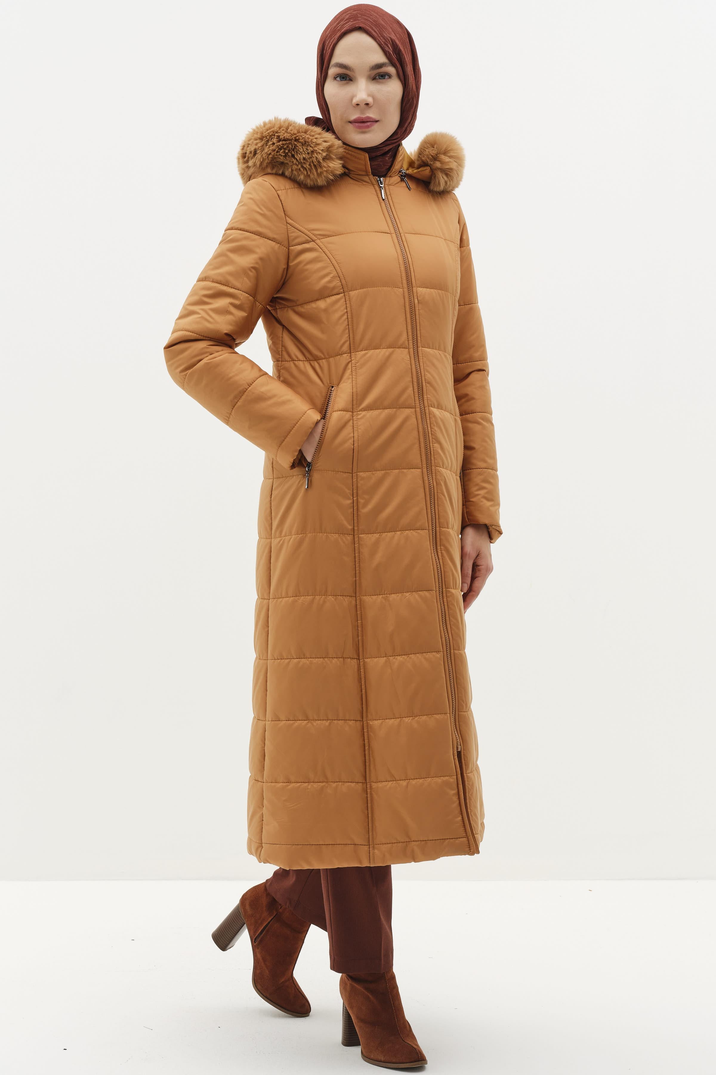 Kürk Kapüşonlu Şişme Manto - Camel TUGBA