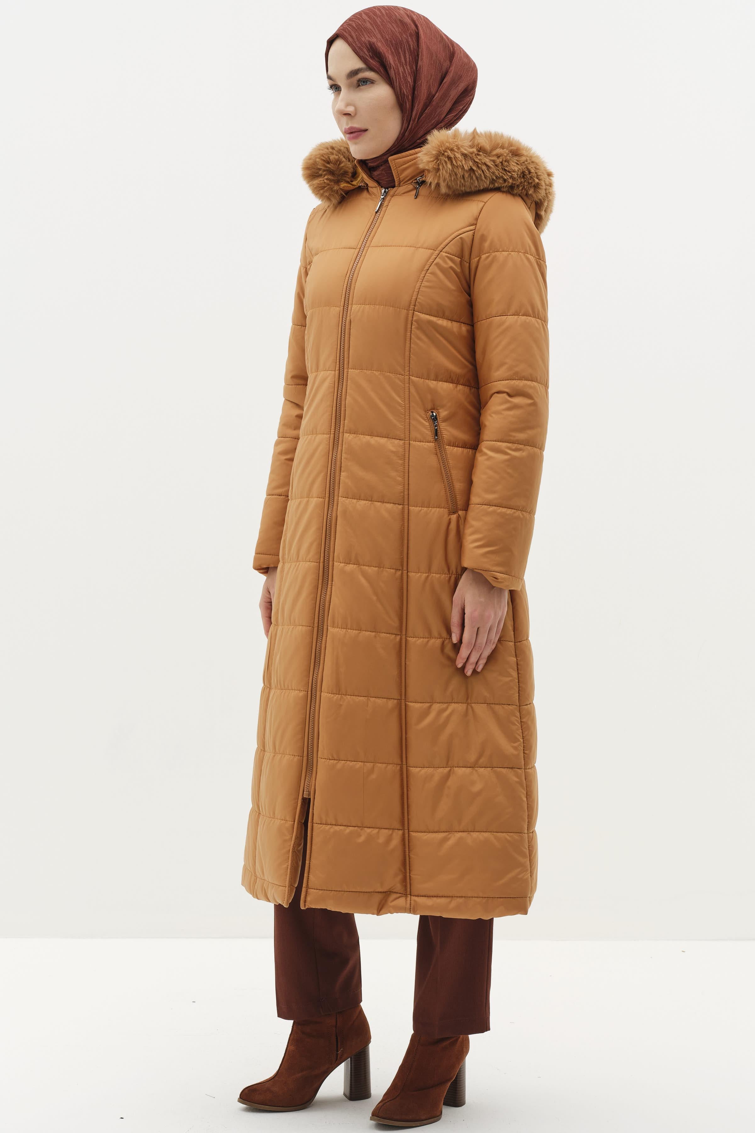 Kürk Kapüşonlu Şişme Manto - Camel TUGBA