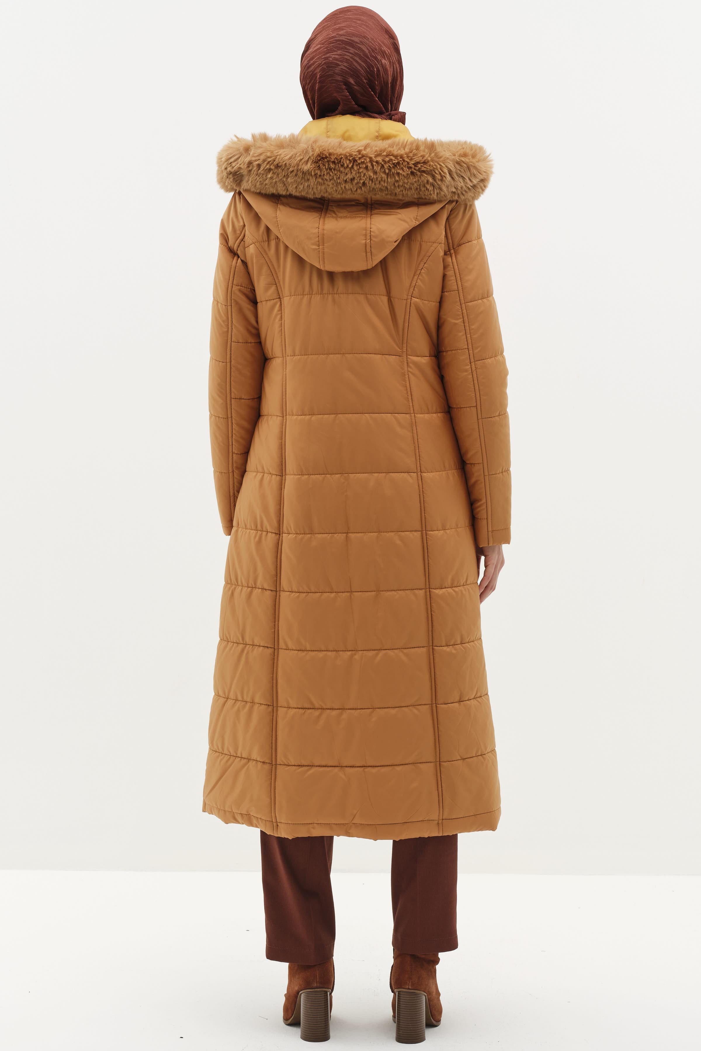 Kürk Kapüşonlu Şişme Manto - Camel TUGBA