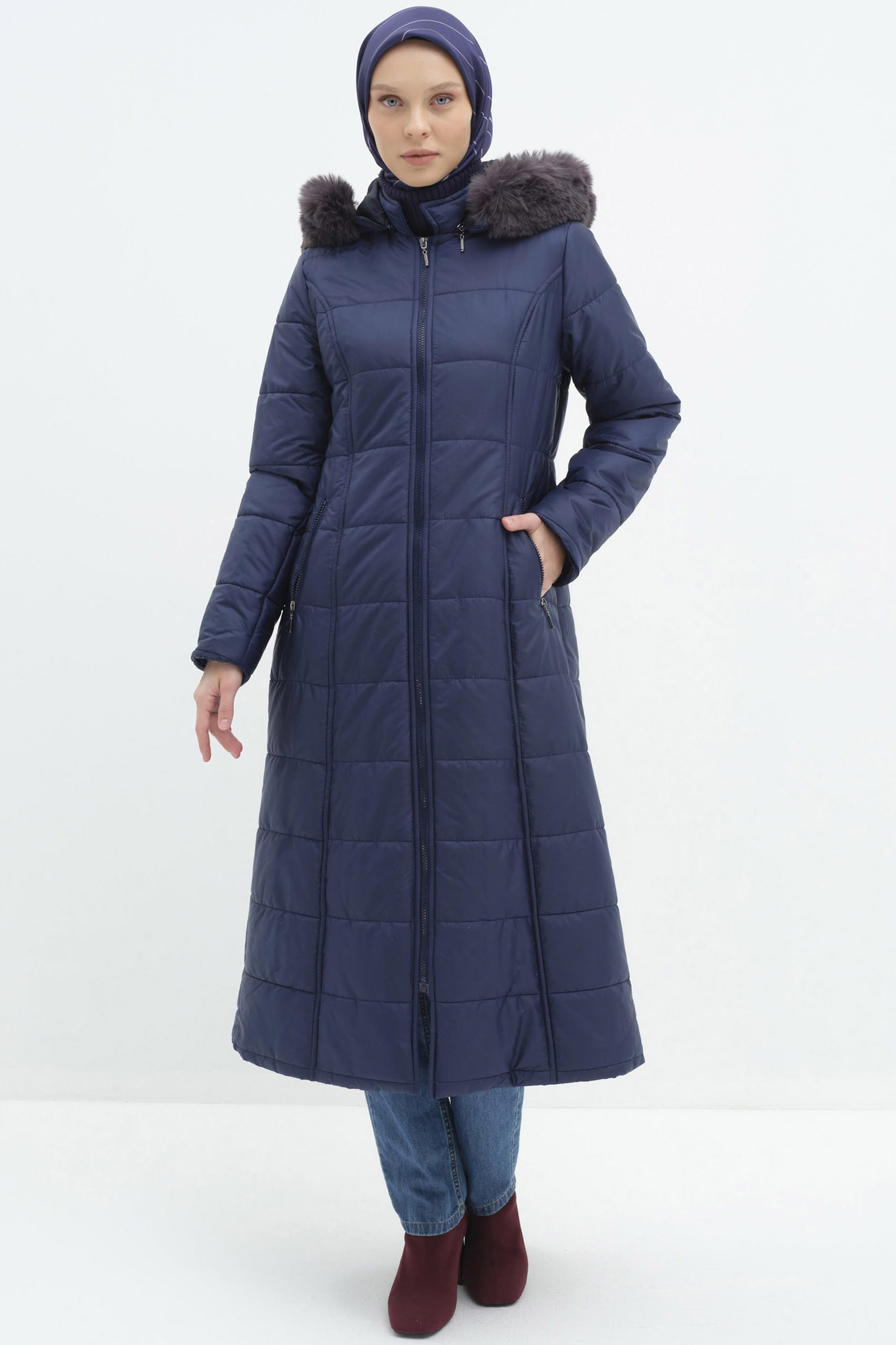 Kürk Kapüşonlu Şişme Manto - İndigo TUGBA