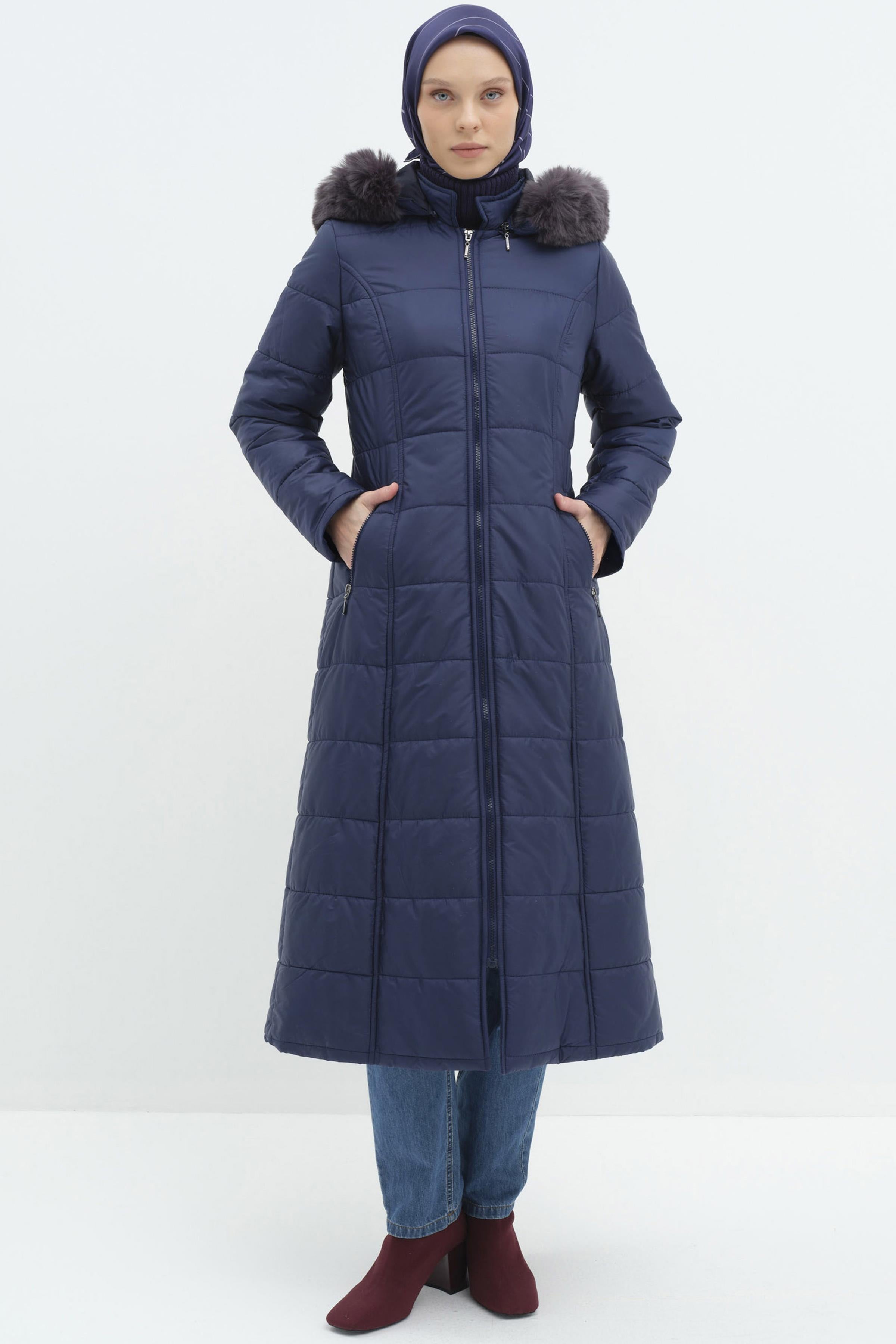 Kürk Kapüşonlu Şişme Manto - İndigo TUGBA