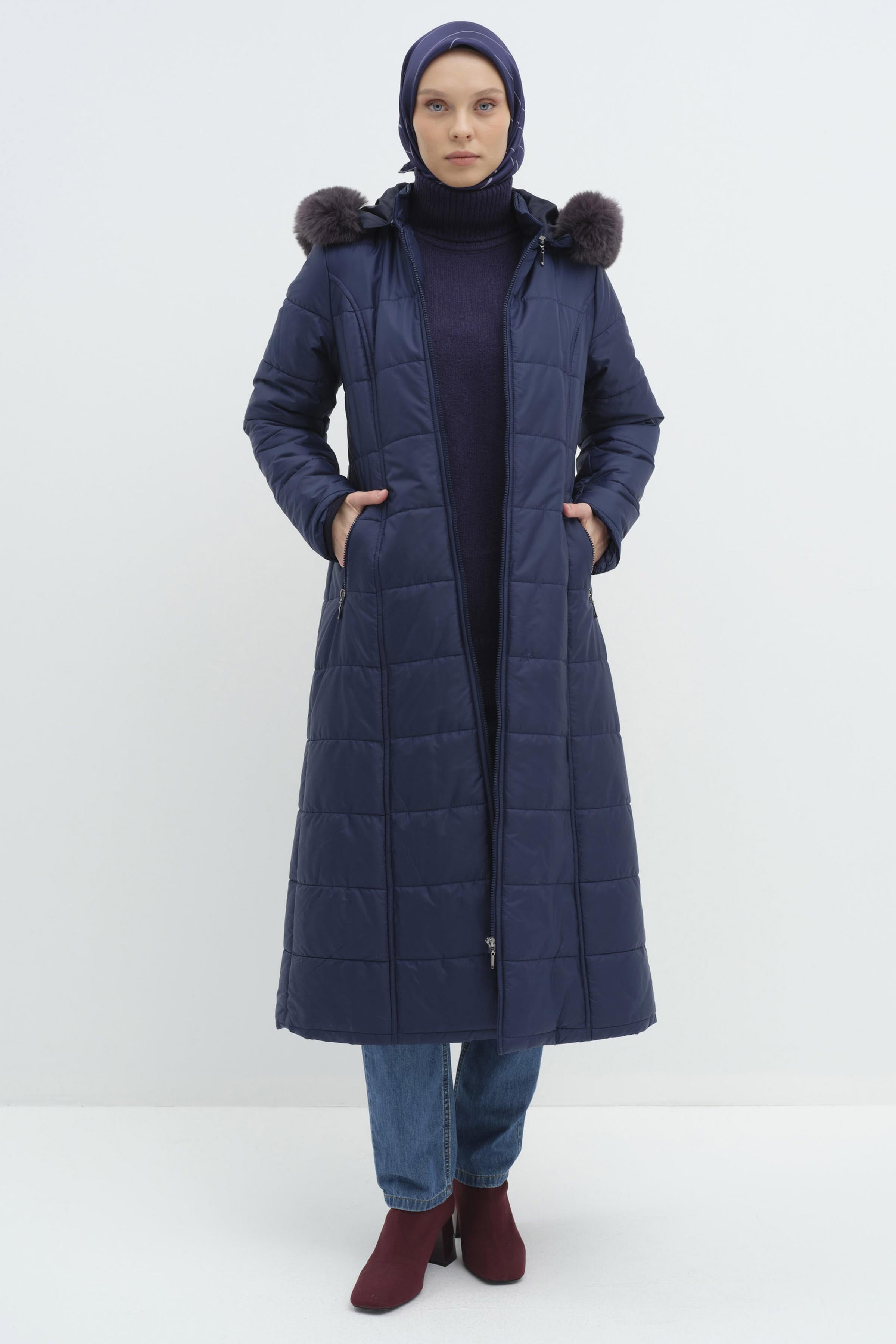 Kürk Kapüşonlu Şişme Manto - İndigo TUGBA