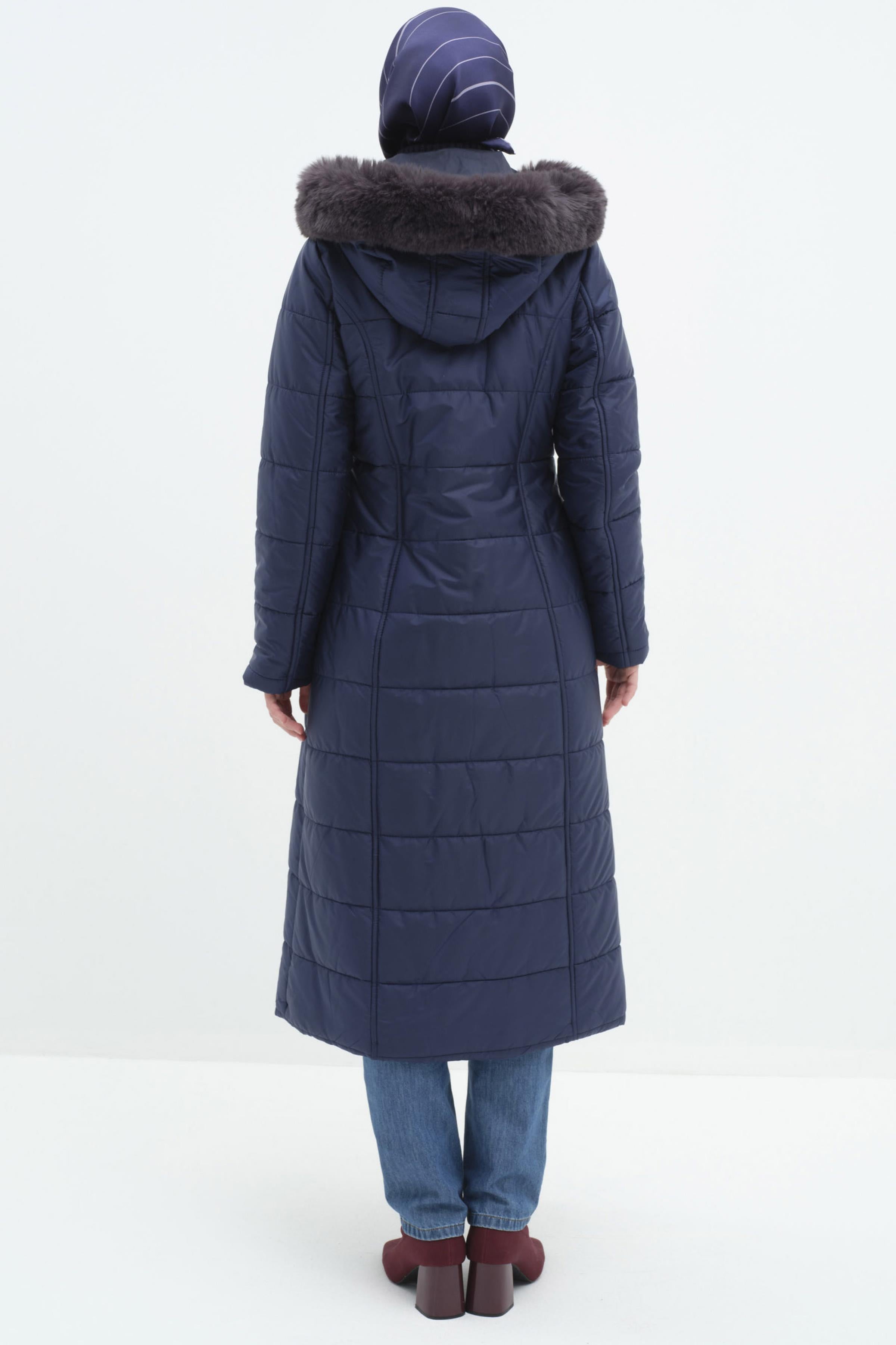 Kürk Kapüşonlu Şişme Manto - İndigo TUGBA