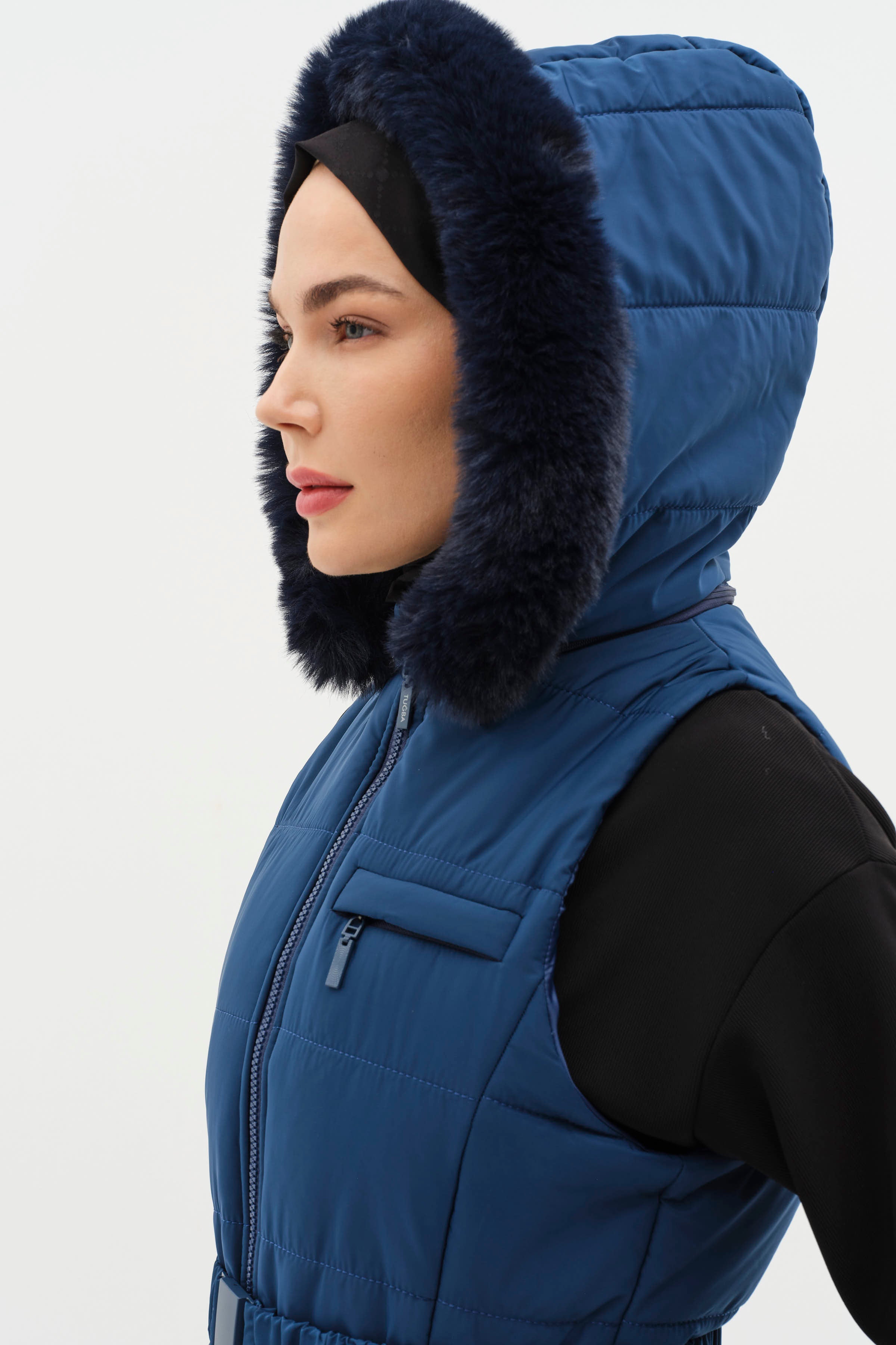 Kürk Kapüşonlu Yelek - Lacivert TUĞBA