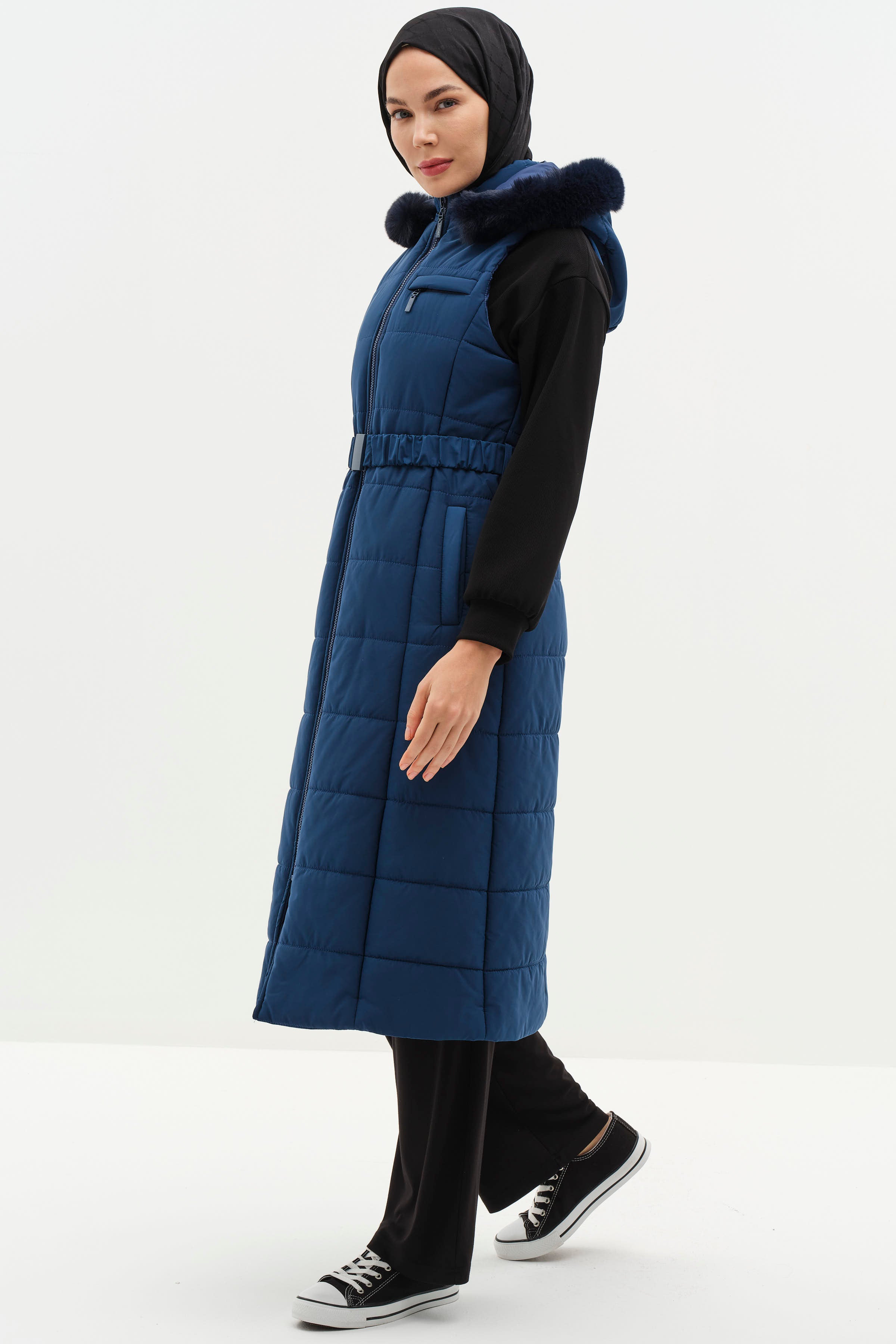Kürk Kapüşonlu Yelek - Lacivert TUĞBA