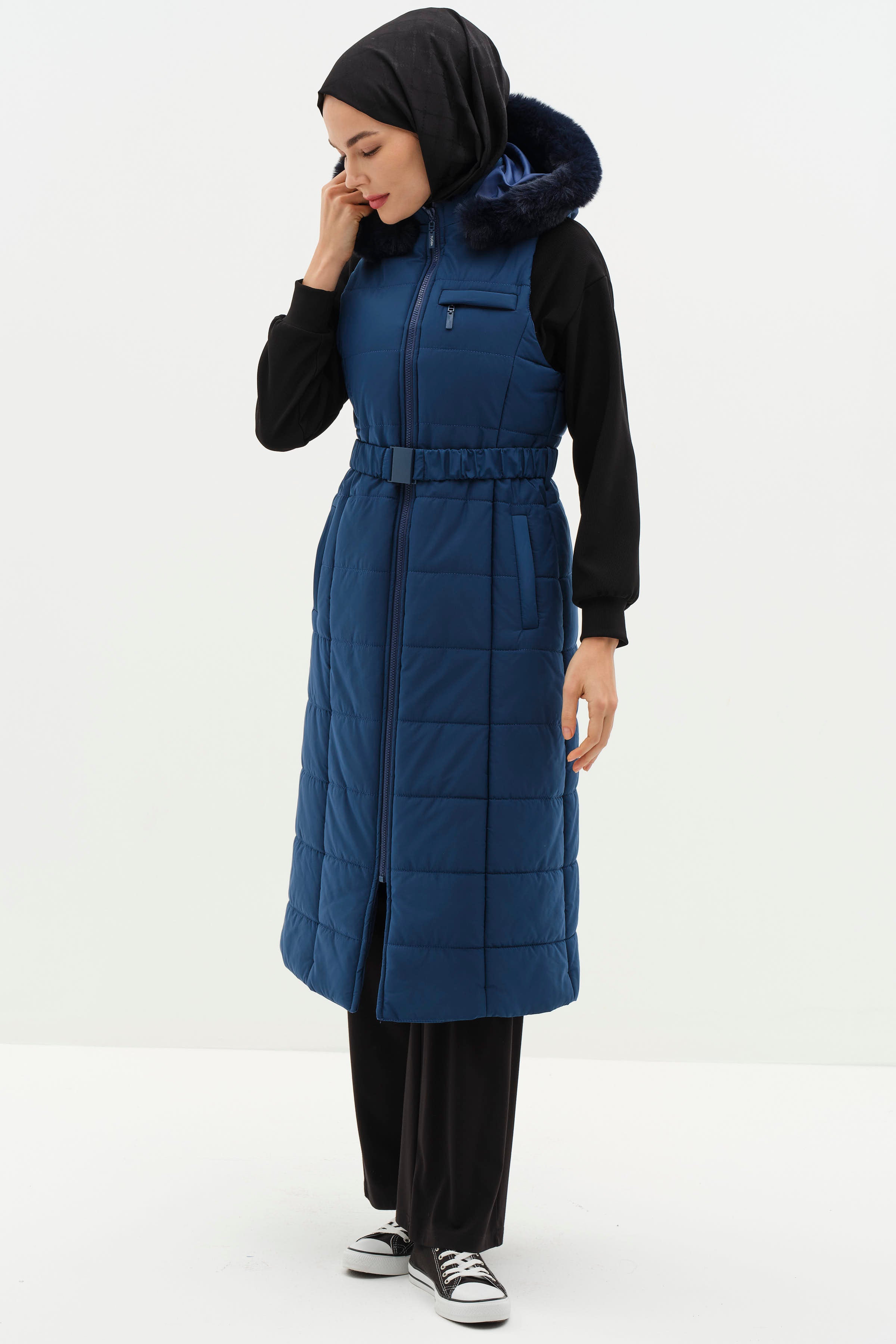 Kürk Kapüşonlu Yelek - Lacivert TUĞBA