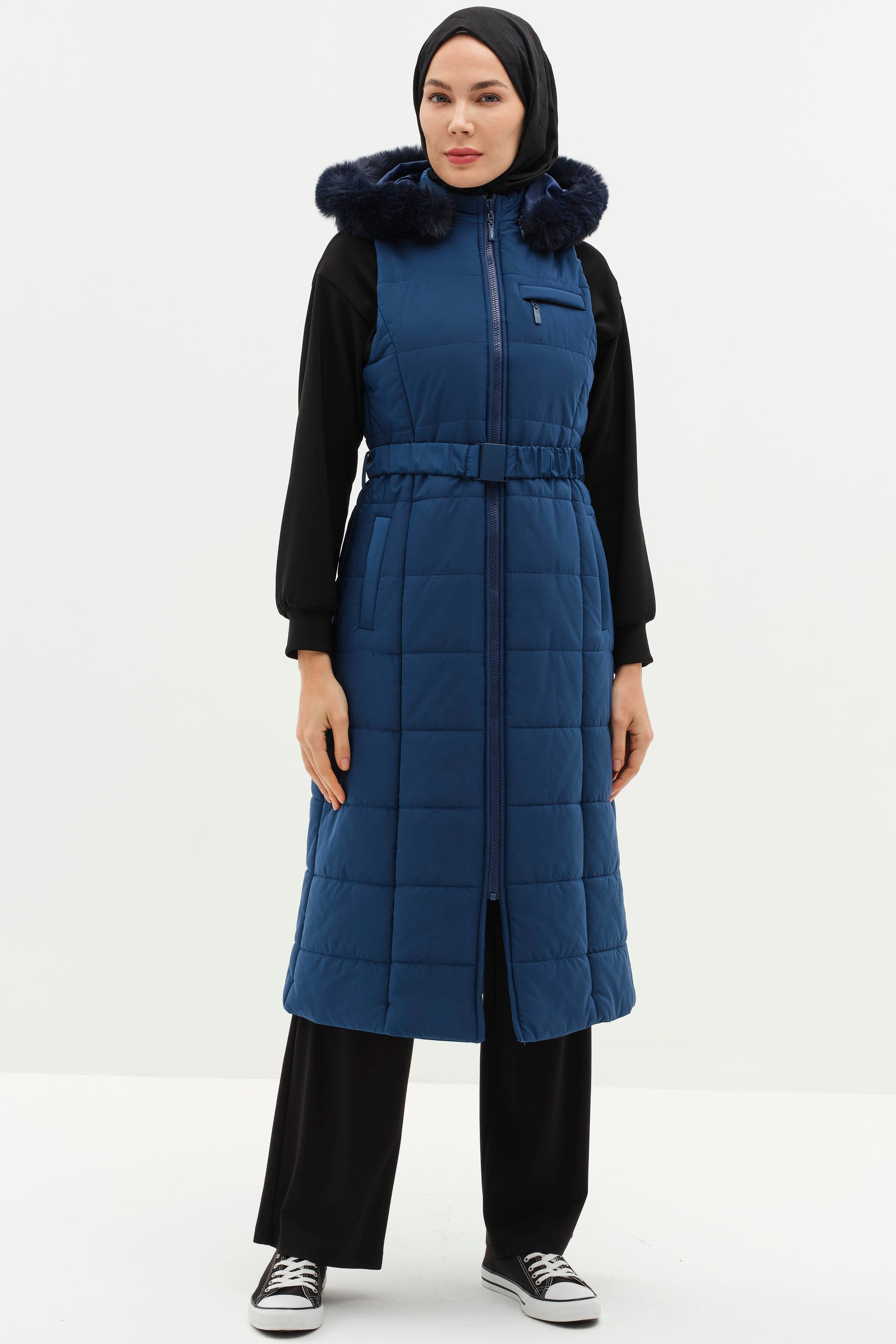 Kürk Kapüşonlu Yelek - Lacivert TUĞBA