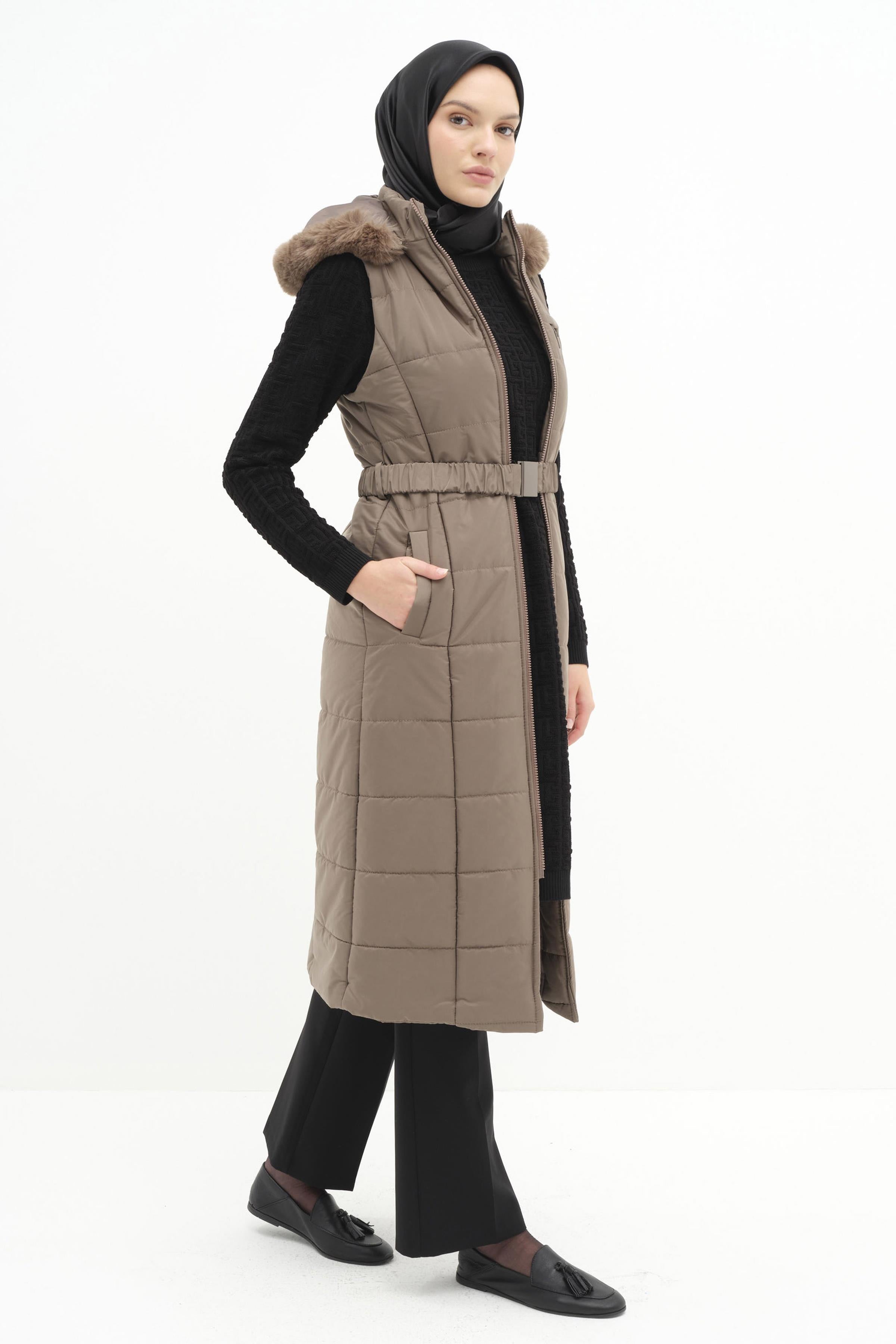 Kürk Kapüşonlu Yelek - Vizon TUGBA