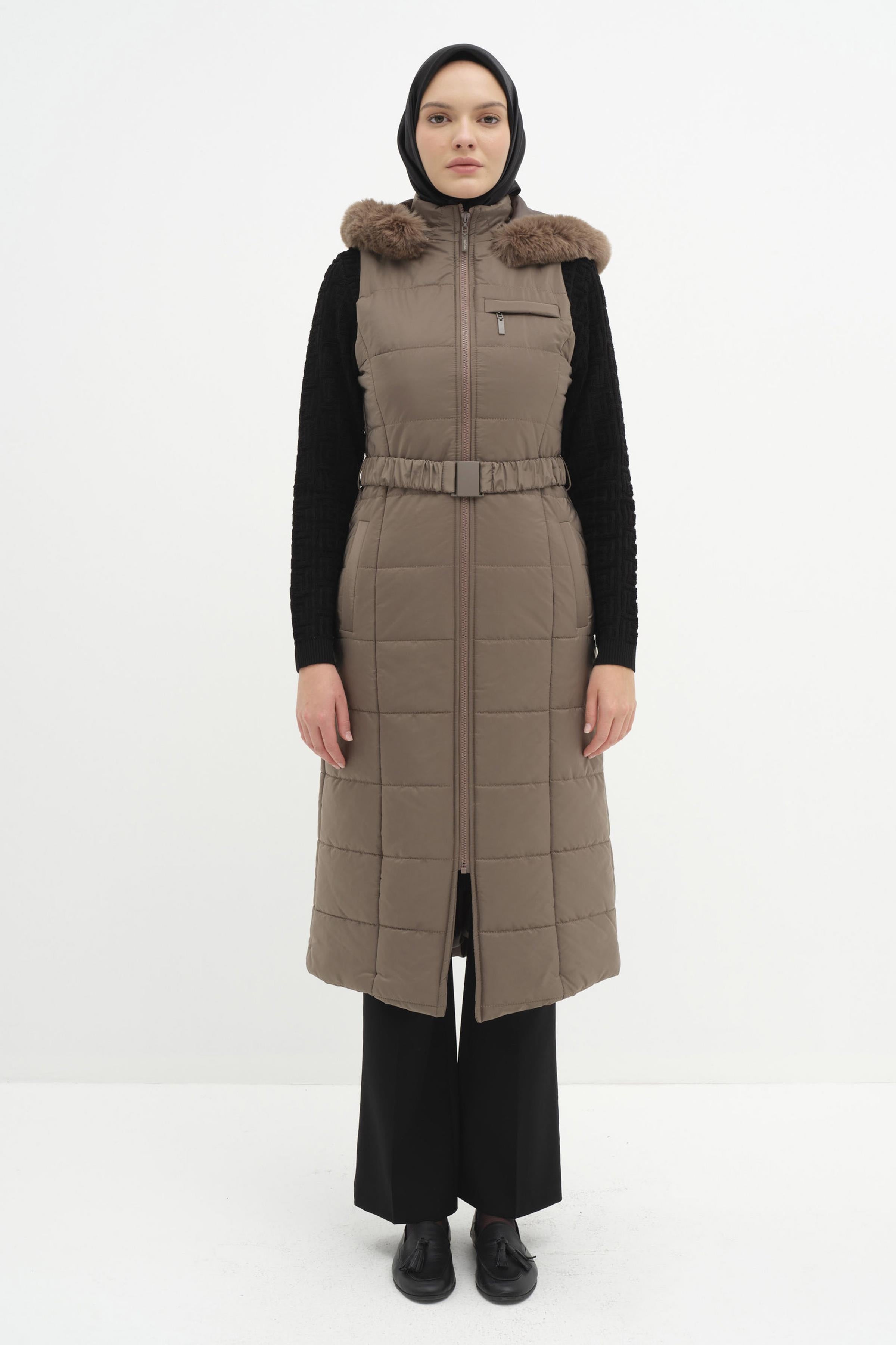 Kürk Kapüşonlu Yelek - Vizon TUGBA