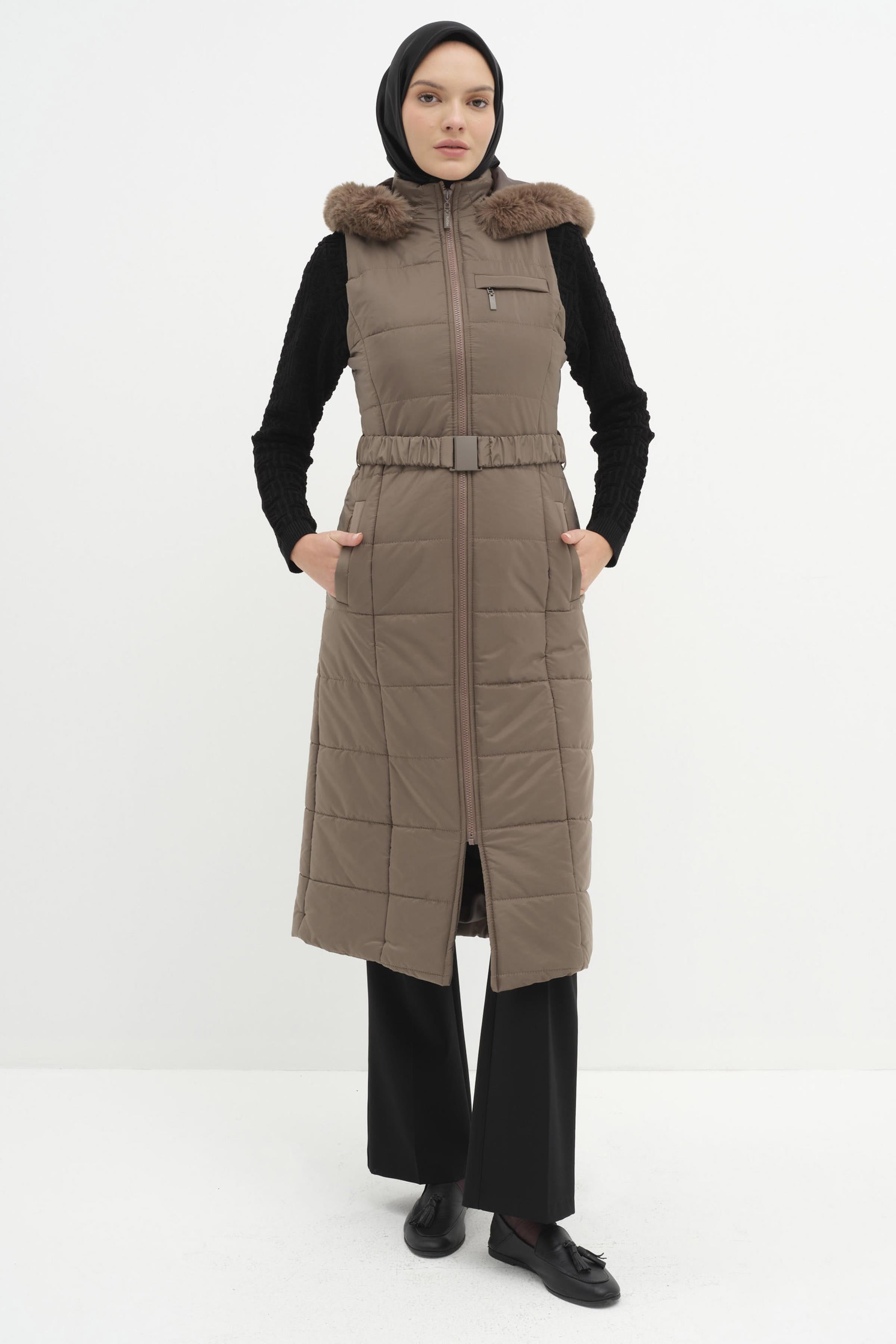 Kürk Kapüşonlu Yelek - Vizon TUGBA