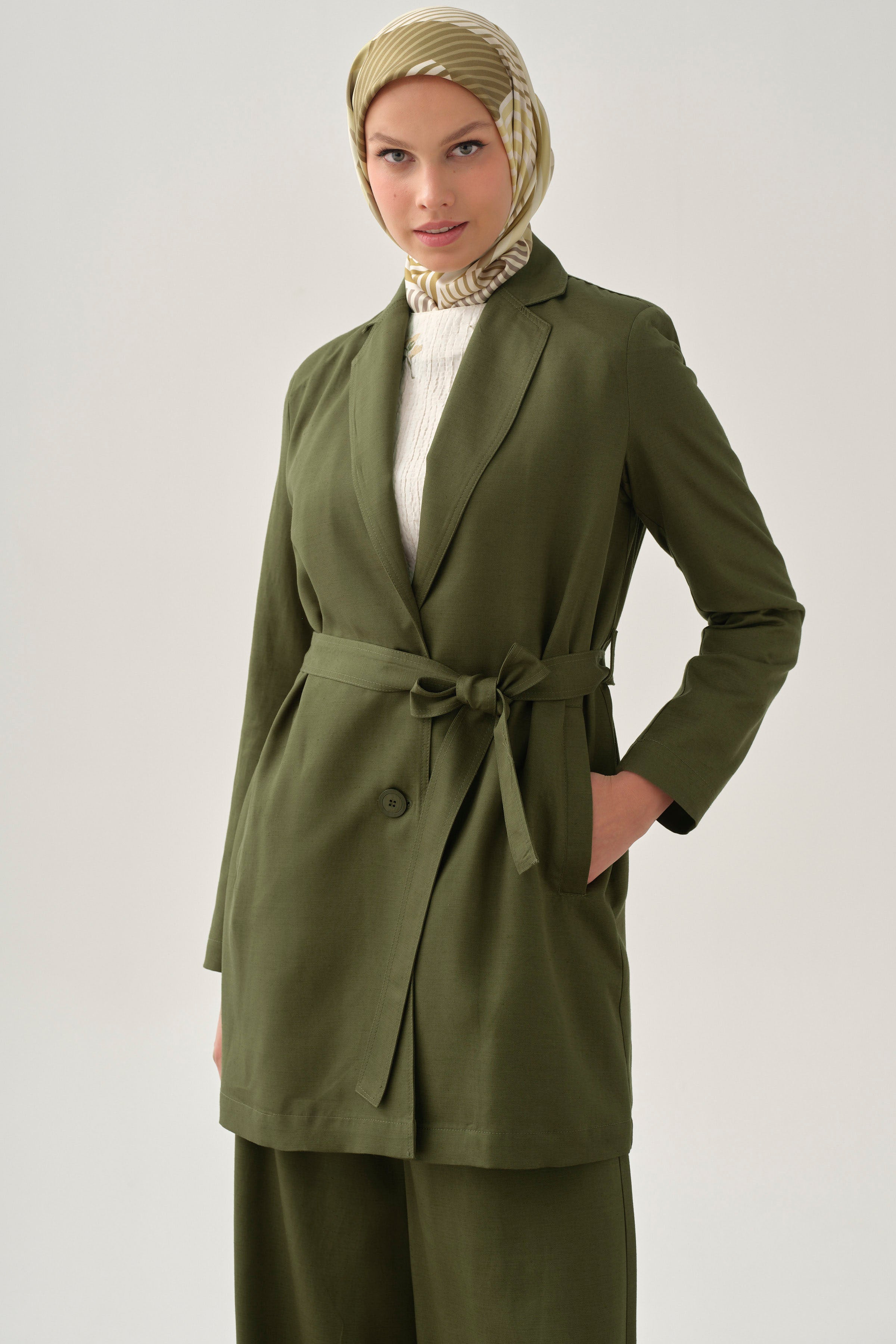 Kuşaklı Blazer Ceket - Haki TUGBA