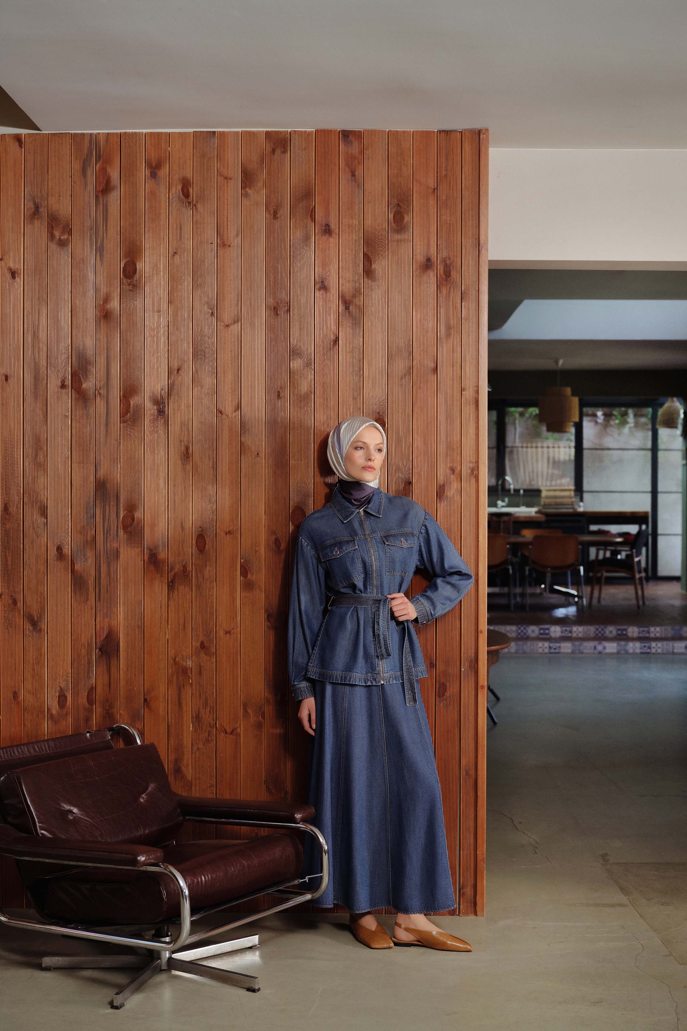 Kuşaklı Ceket Etek Takım - İndigo TUGBA