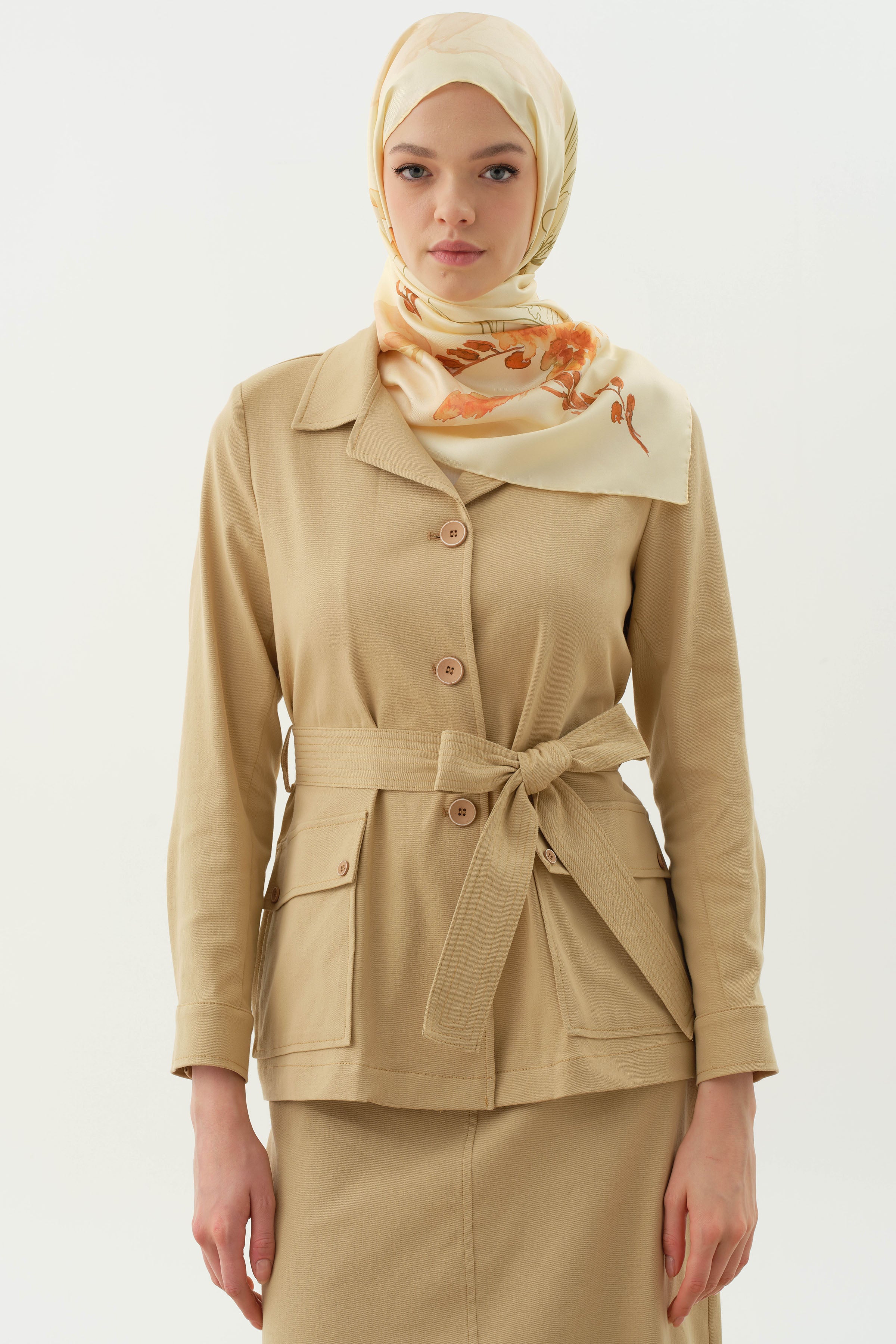 Kuşaklı Cepli Ceket - Bej TUGBA