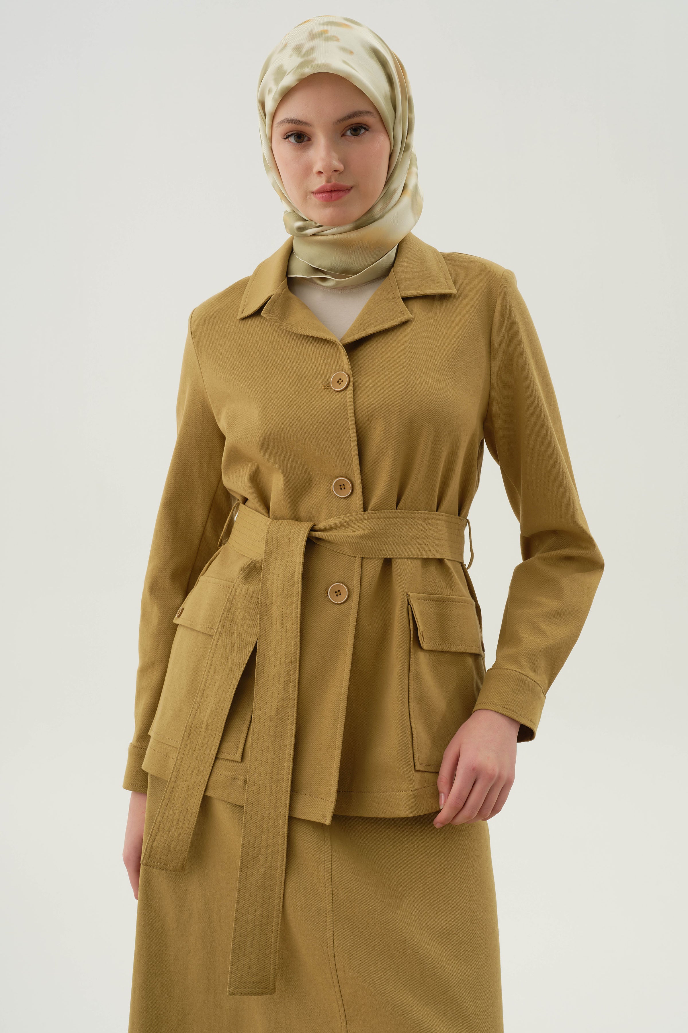 Kuşaklı Cepli Ceket - Olive TUGBA