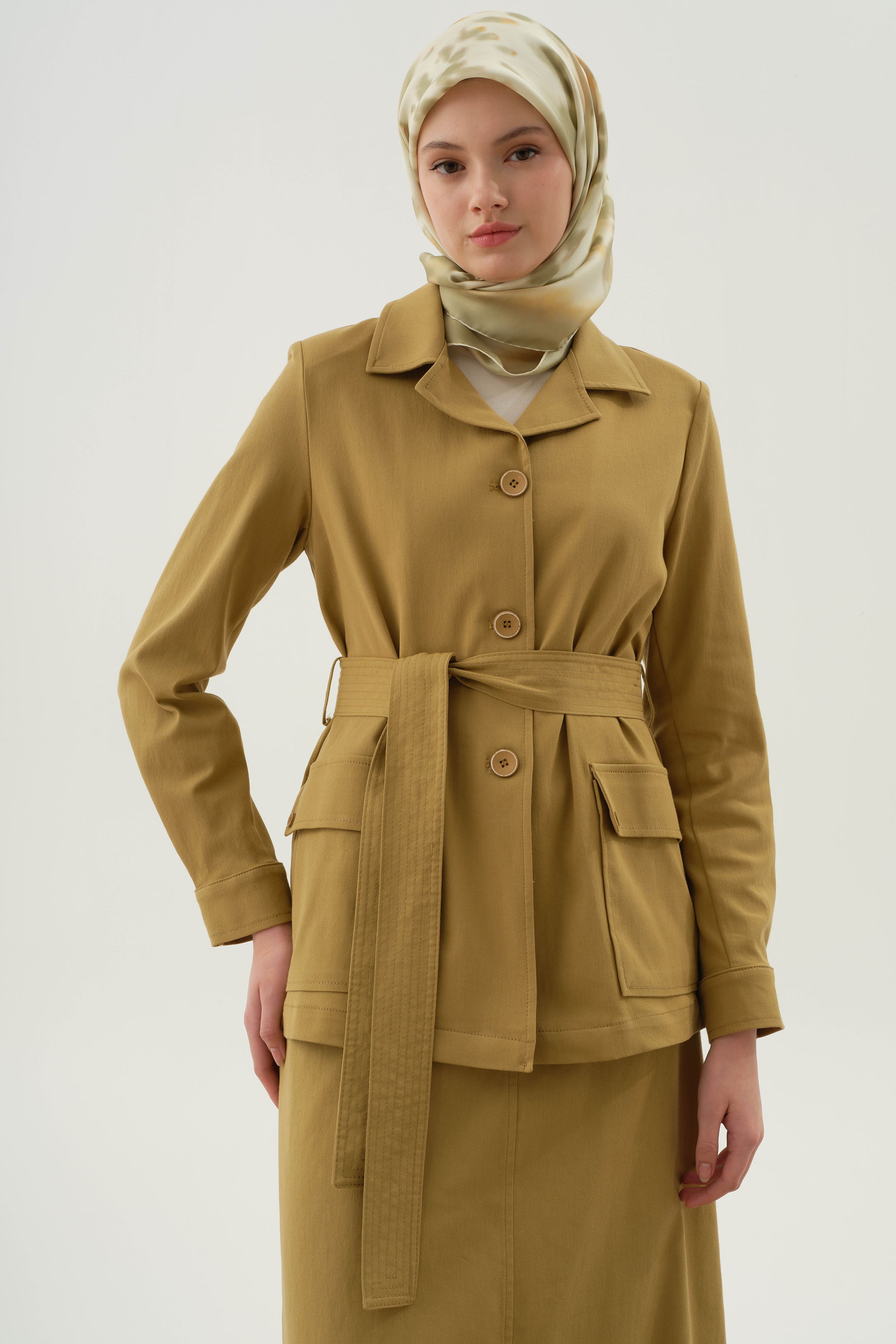 Kuşaklı Cepli Ceket - Olive TUGBA