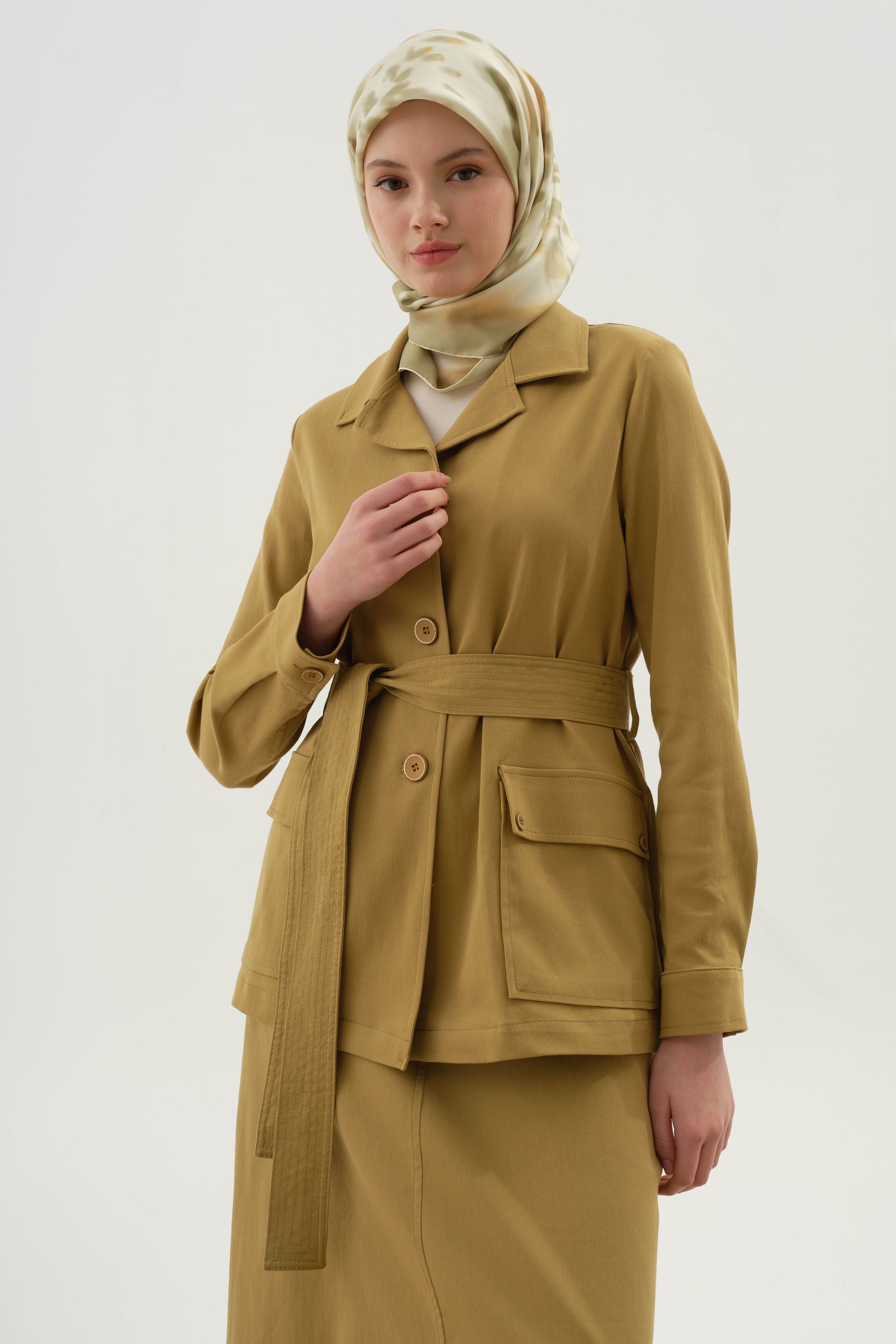 Kuşaklı Cepli Ceket - Olive TUGBA