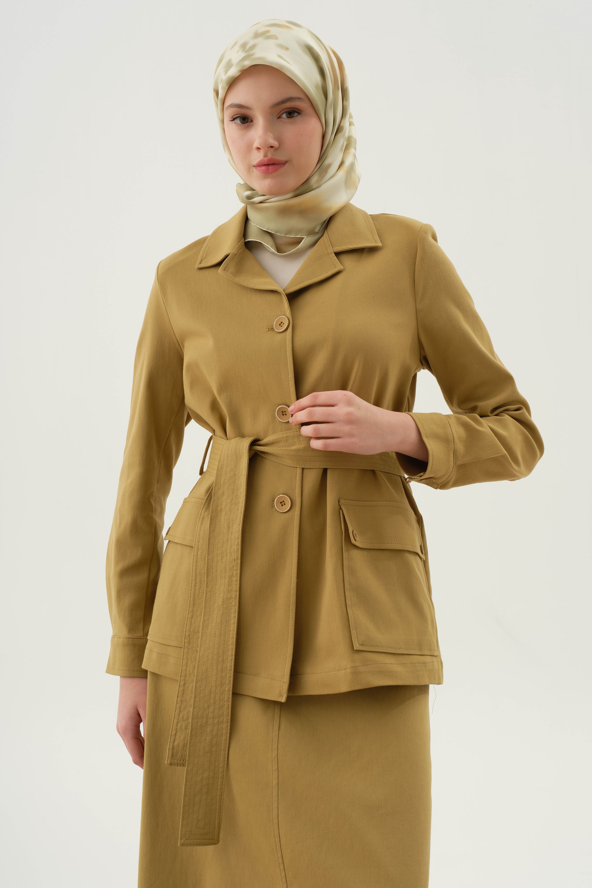 Kuşaklı Cepli Ceket - Olive TUGBA